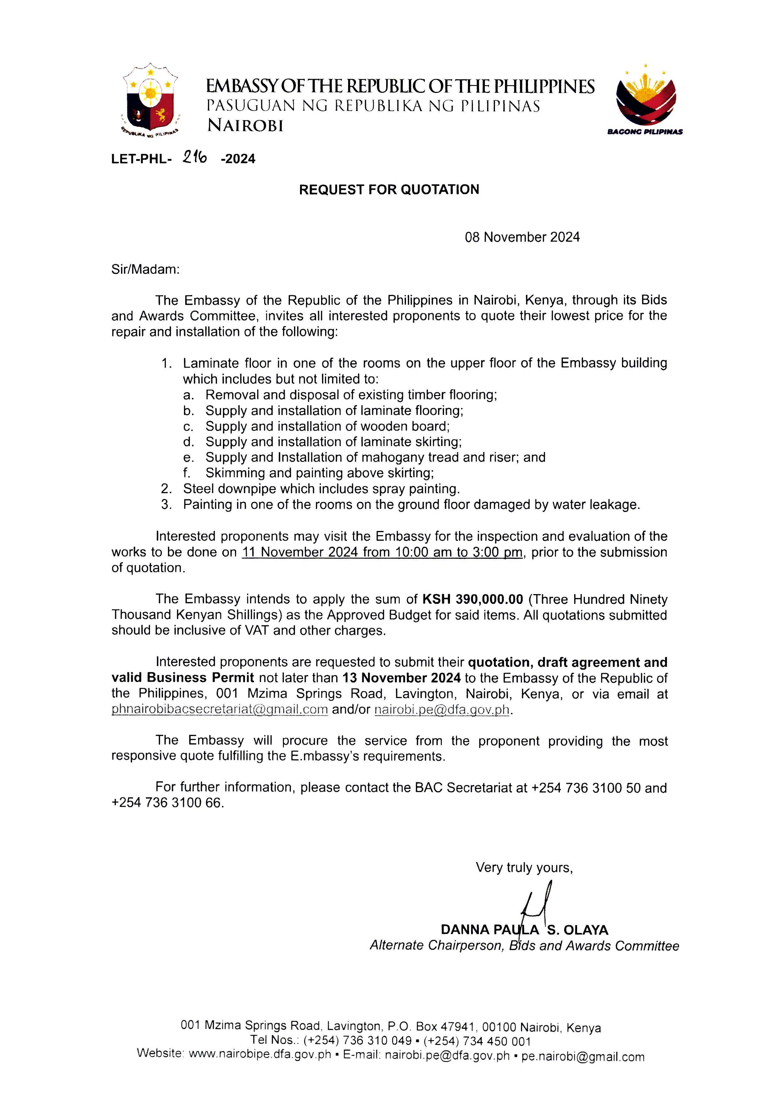 LET PHL 216 2024 BAC Request for Quotation Repair and Installation floor steel downpipe painting