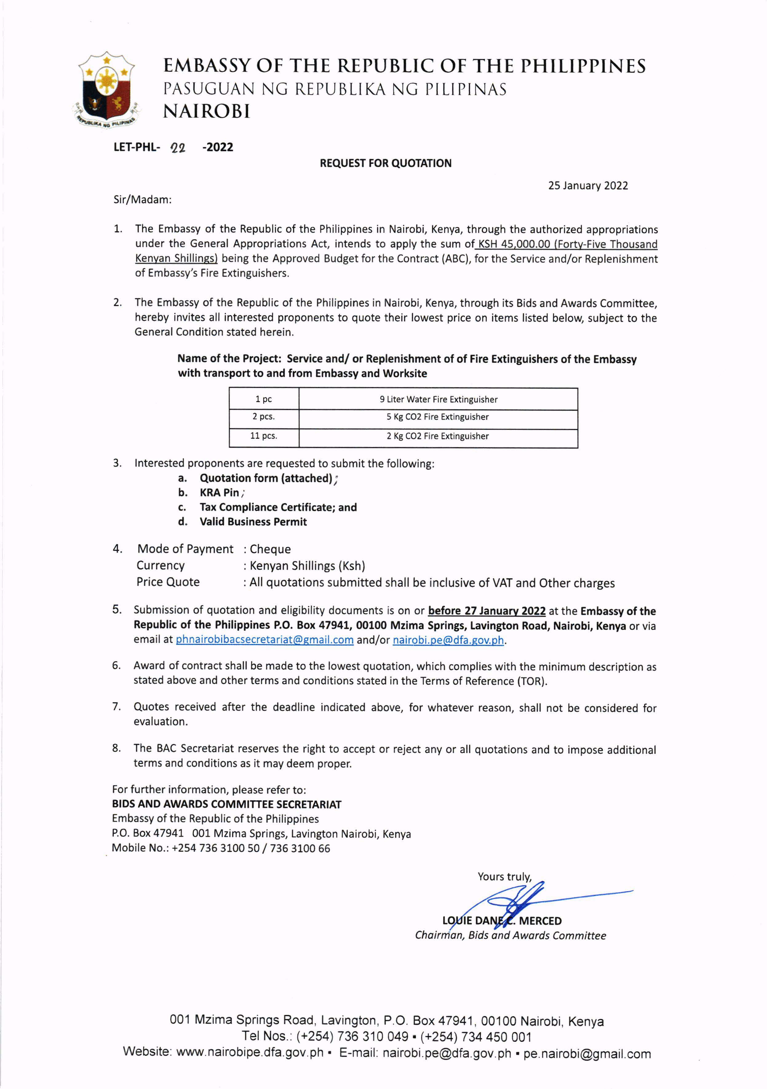 LET PHL 22 2022 BAC Request for Quotation Service and or Replenishment of Fire Extinguishers of the Embassy Page 1