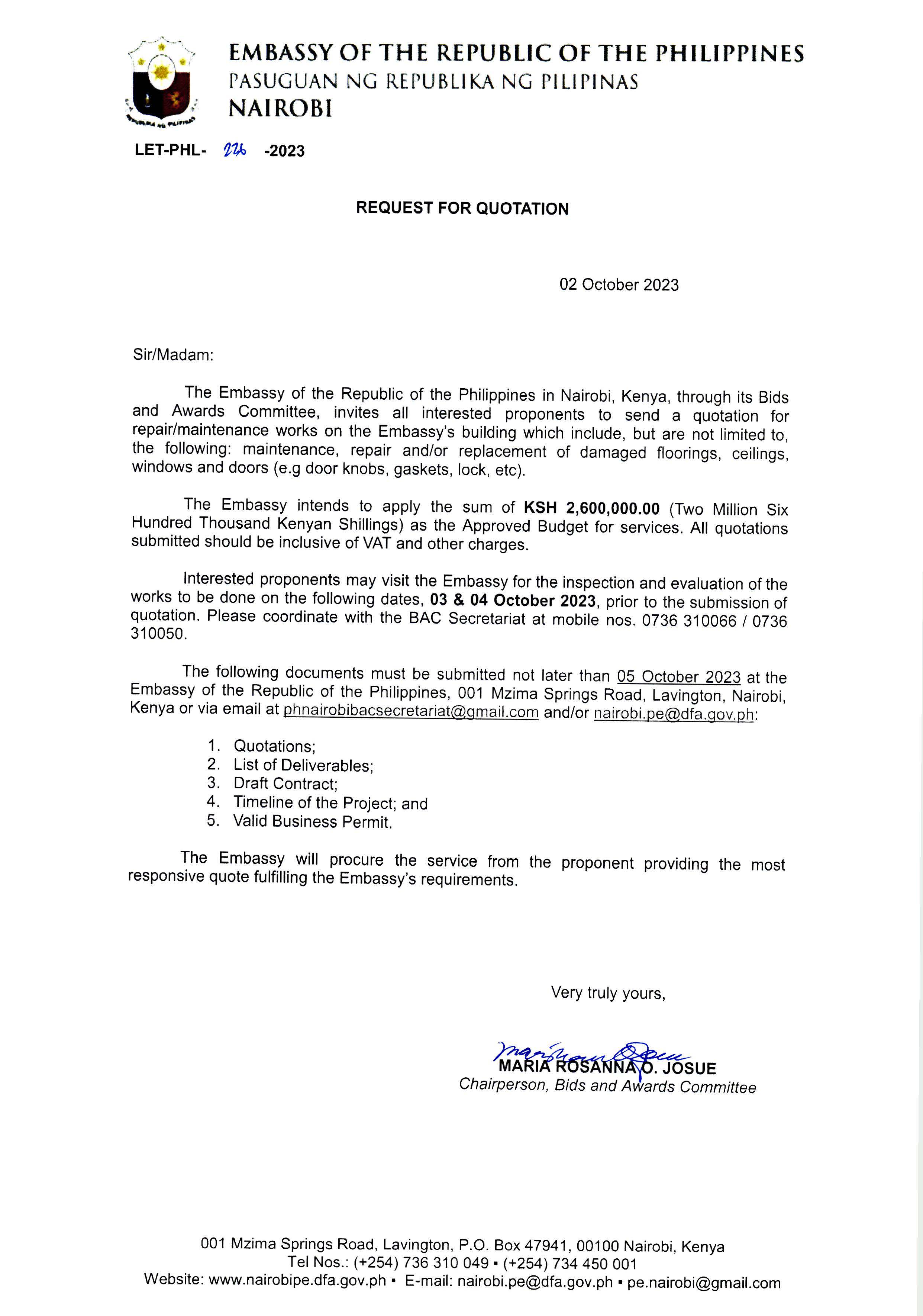 LET PHL 226 2023 BAC Request for Quotation Repair Maintenance Works on the Embassys building