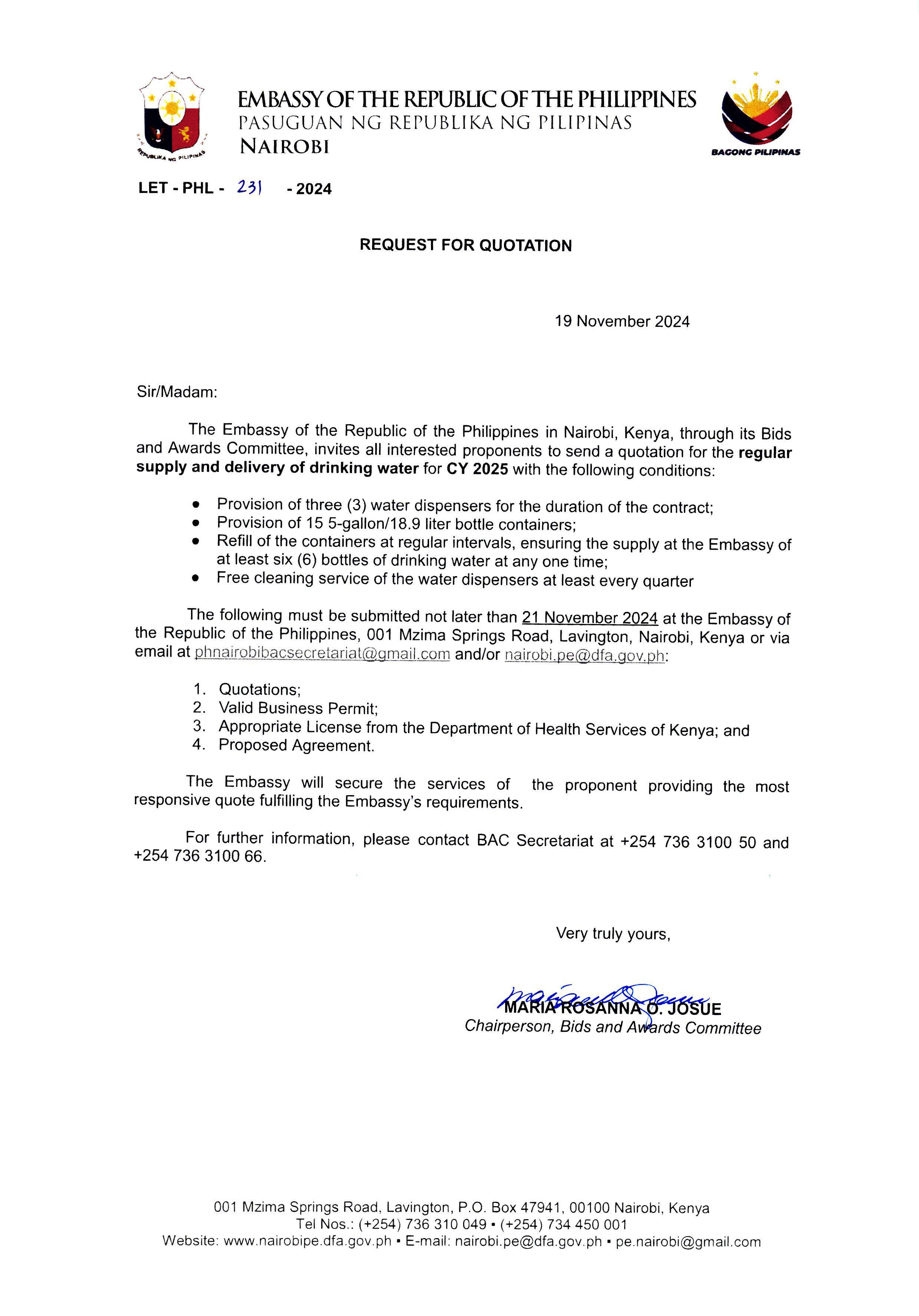 LET PHL 231 2024 BAC Request for Quotation Regular Supply and Delivery of Drinking Water for CY 2025