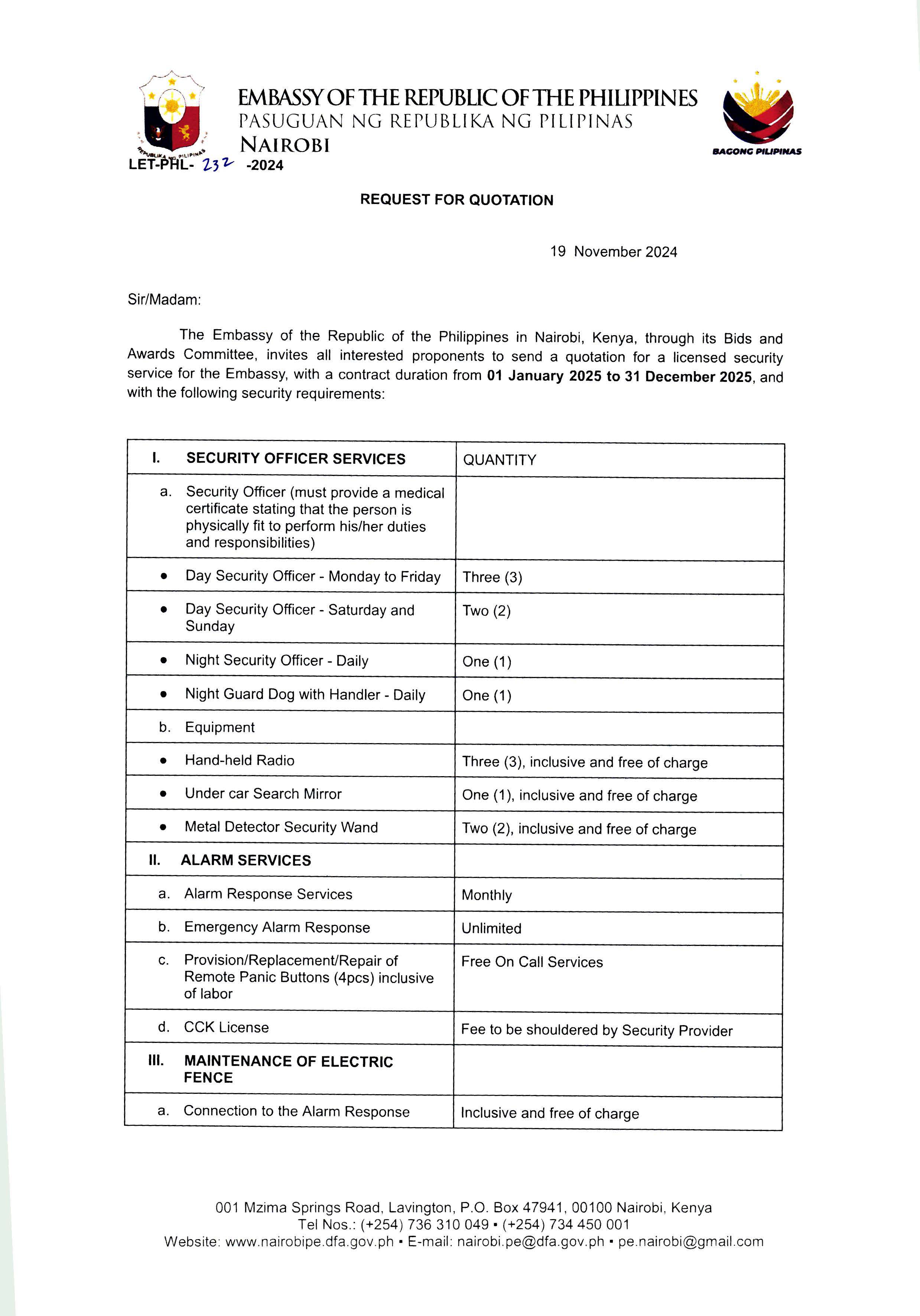 LET PHL 232 2024 BAC Request for Quotation Security Services for CY 2025 Page 1
