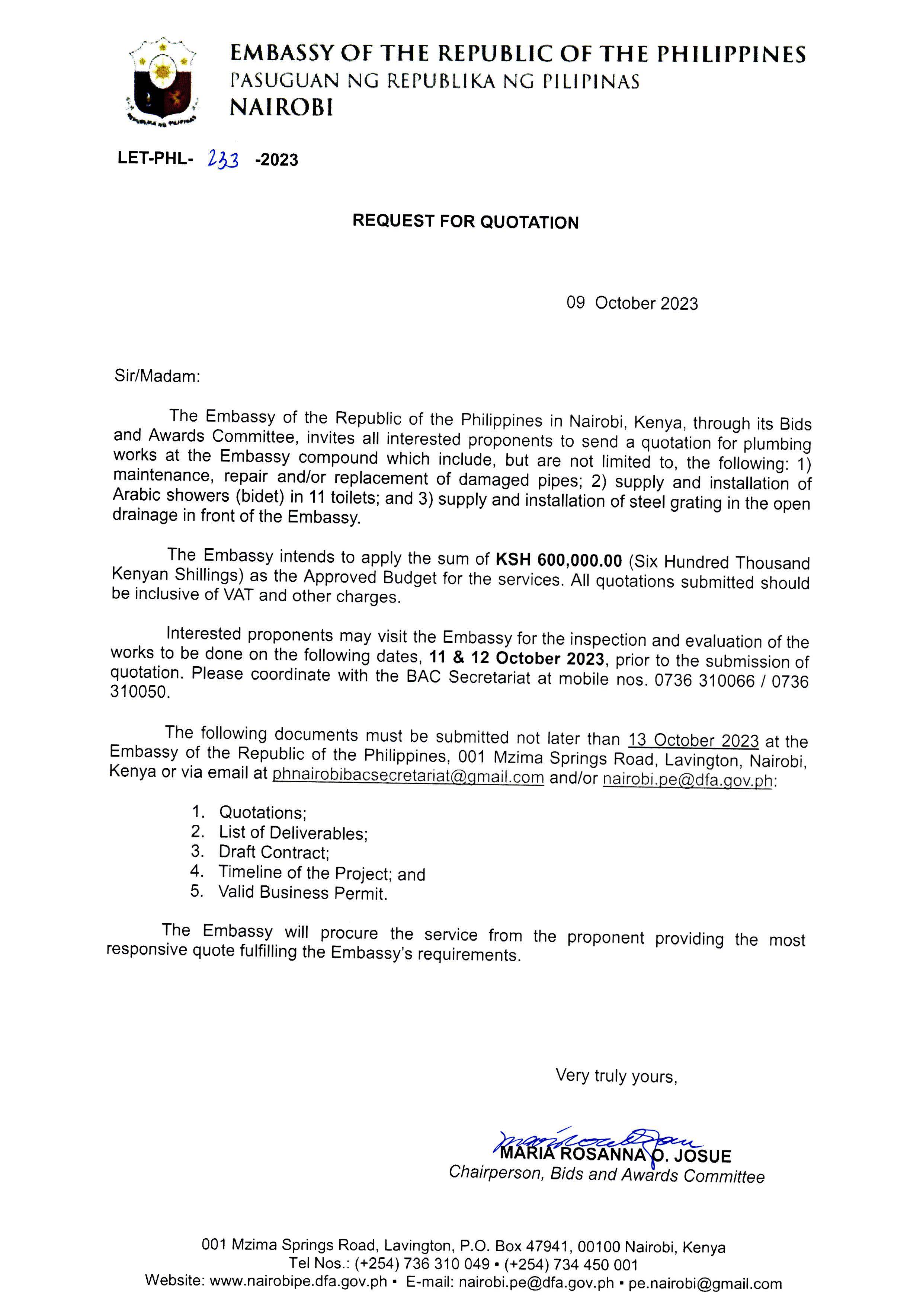 LET PHL 233 2023 BAC Request for Quotation Plumbing Works at the Embassy
