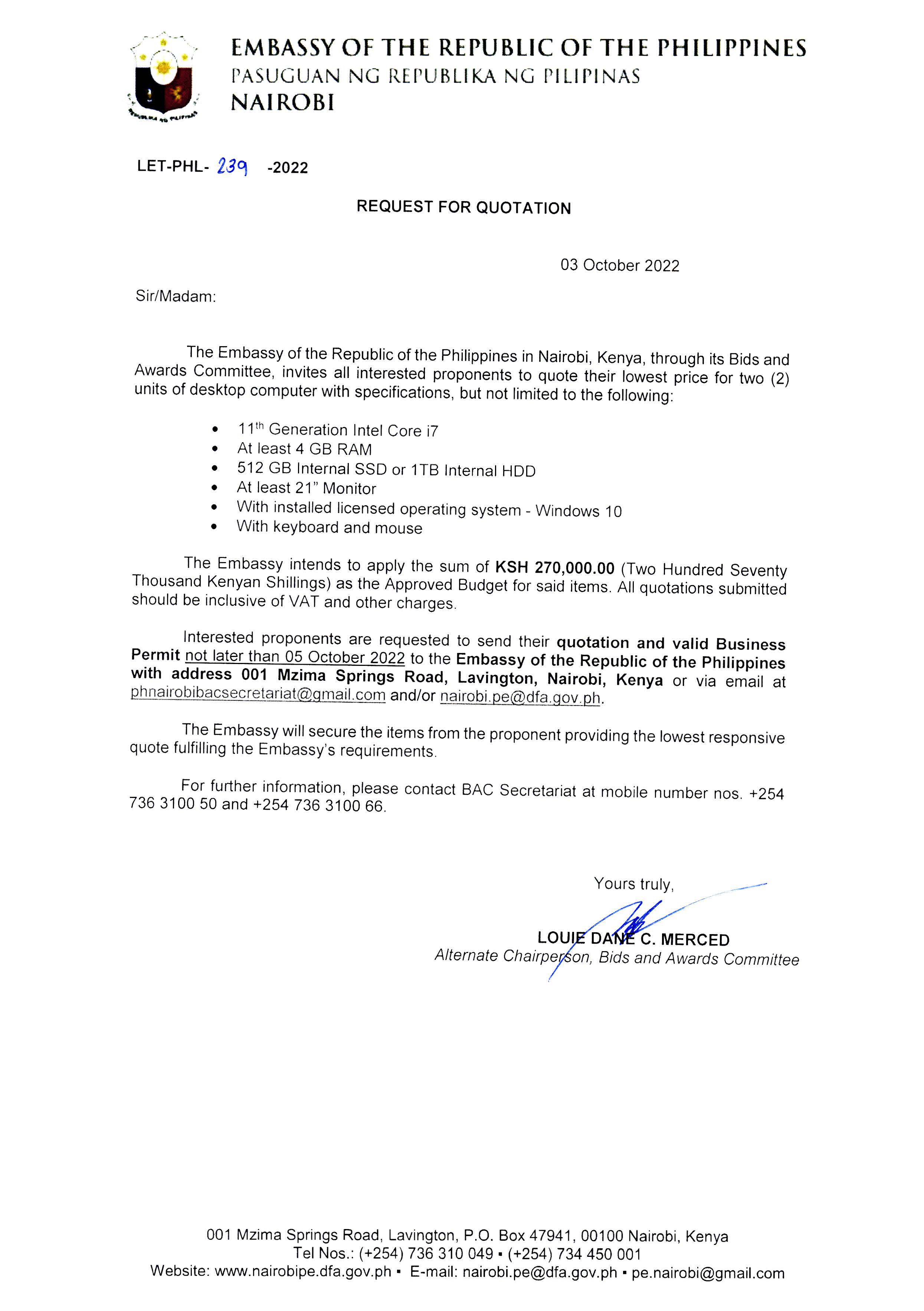 LET PHL 239 2022 BAC Request for Quotation Two 2 Units of Desktop Computer