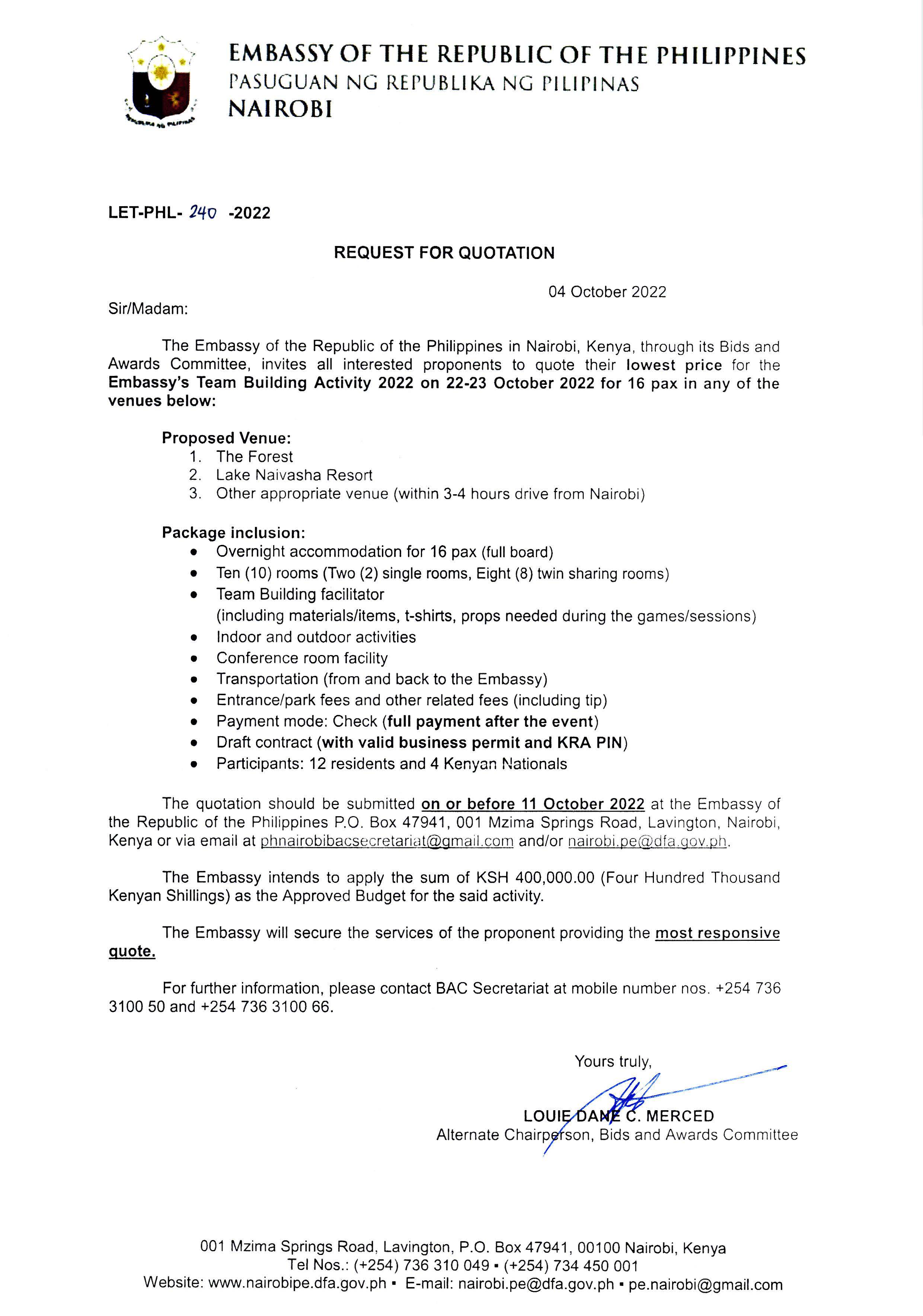 LET PHL 240 2022 BAC Request for Quotation Team Building Activity 2022 22 23 Oct 2022 Page 1