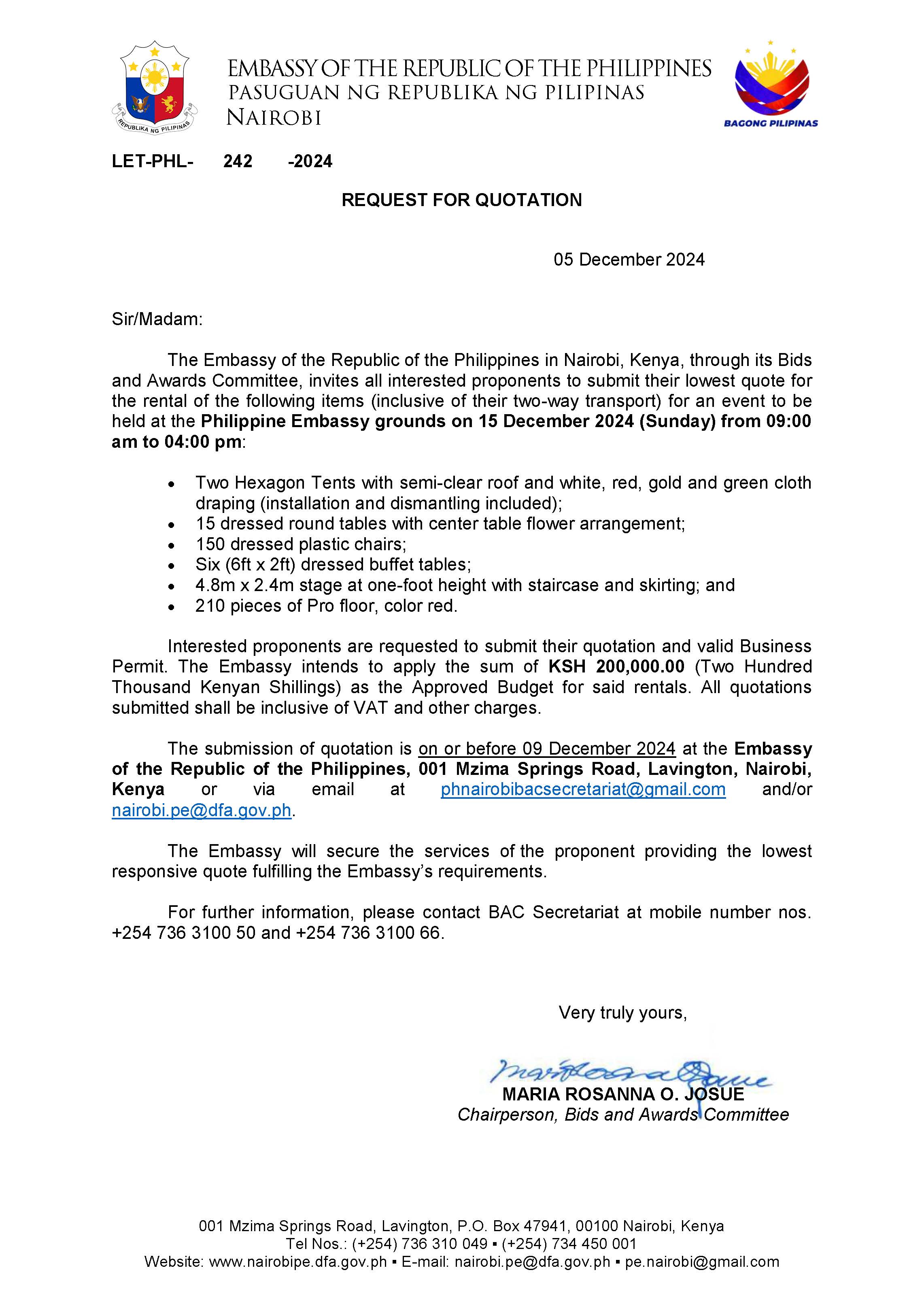 LET PHL 242 2024 BAC Request for Quotation Rental of Tents Chairs Tables for Embassys Year end Gathering Event 15 Dec 2024