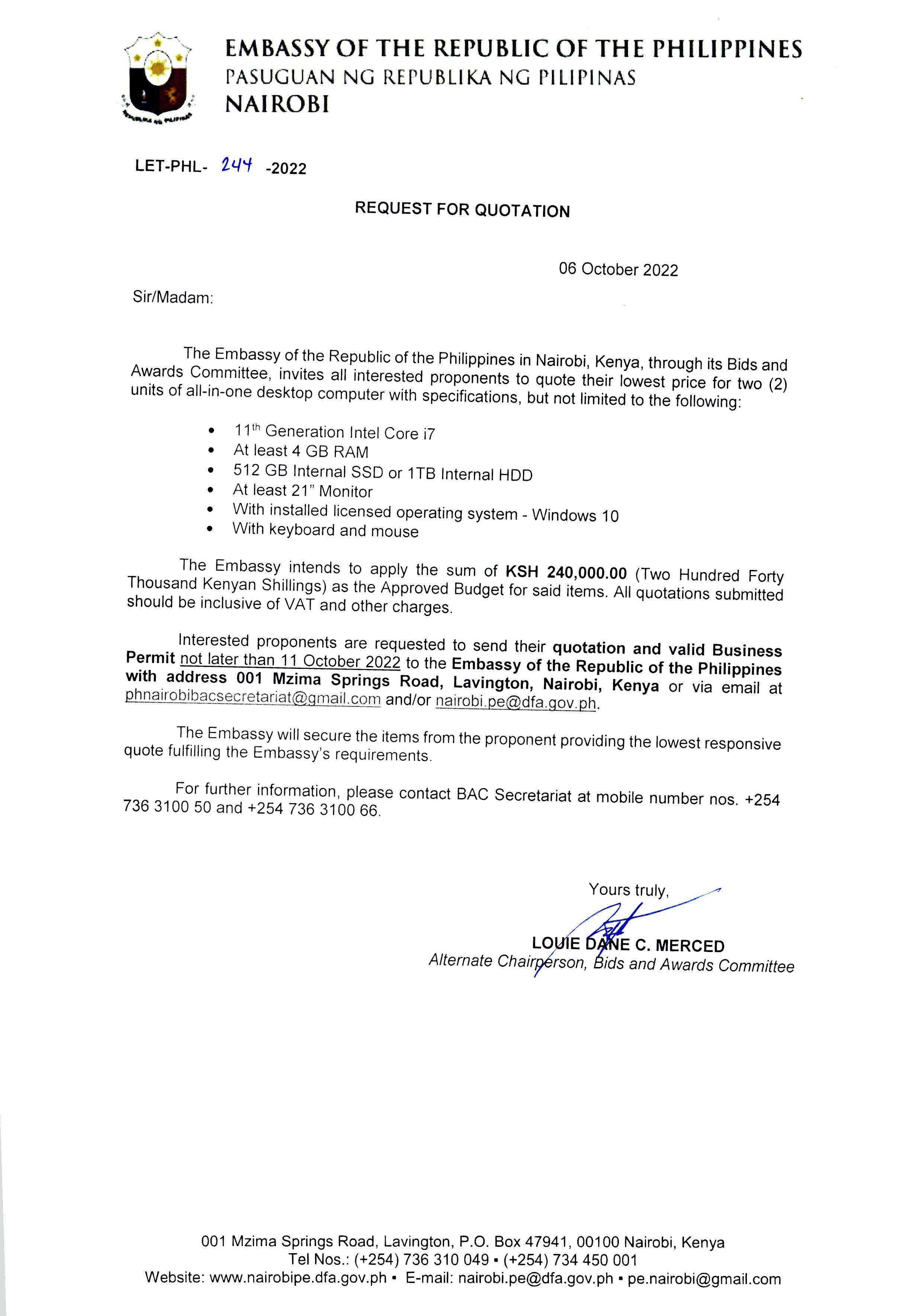 LET PHL 244 2022 BAC Request for Quotation Two Units of Desktop Computer