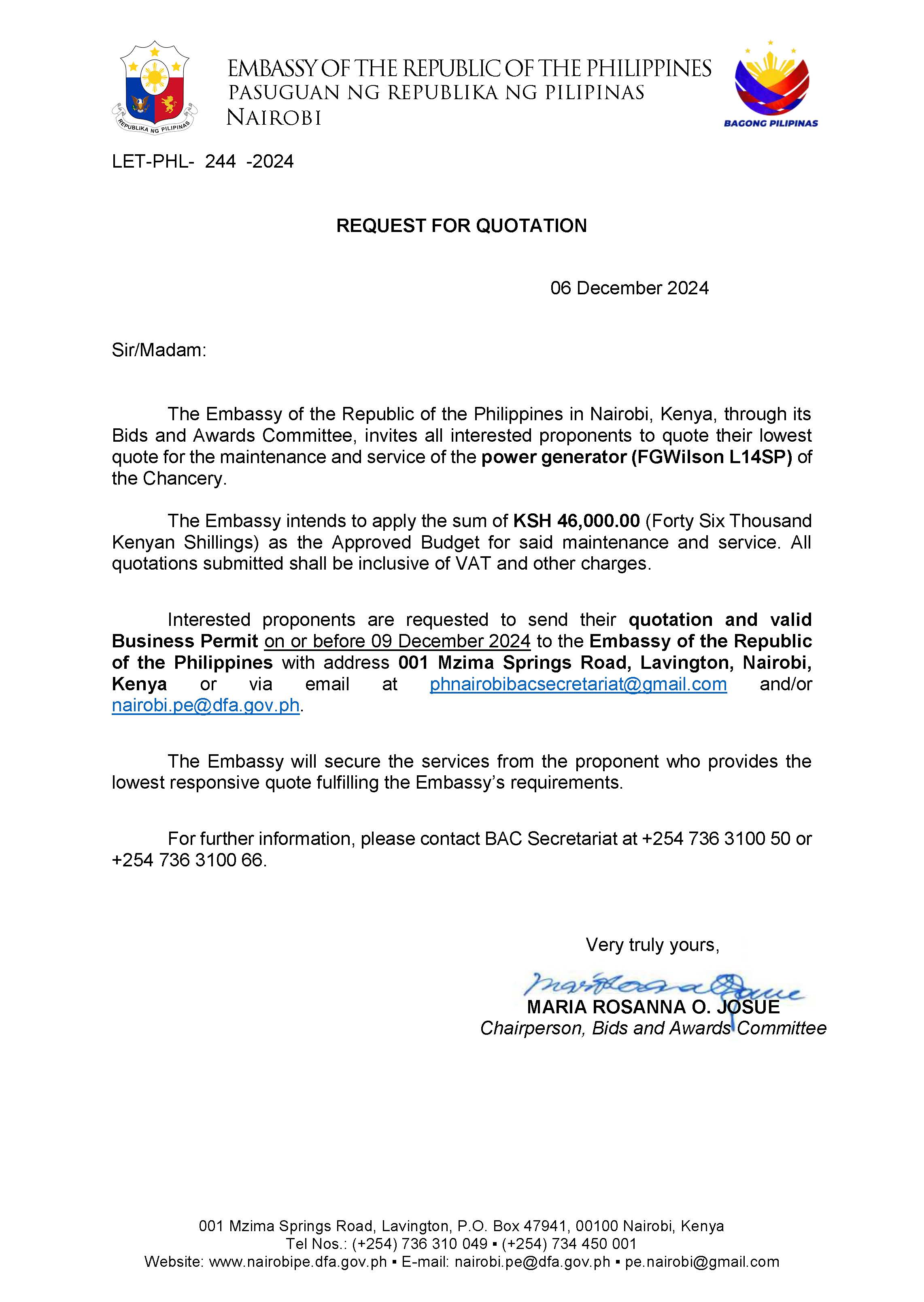 LET PHL 244 2024 BAC Request for Quotation Maintenance and Service of Power Generator