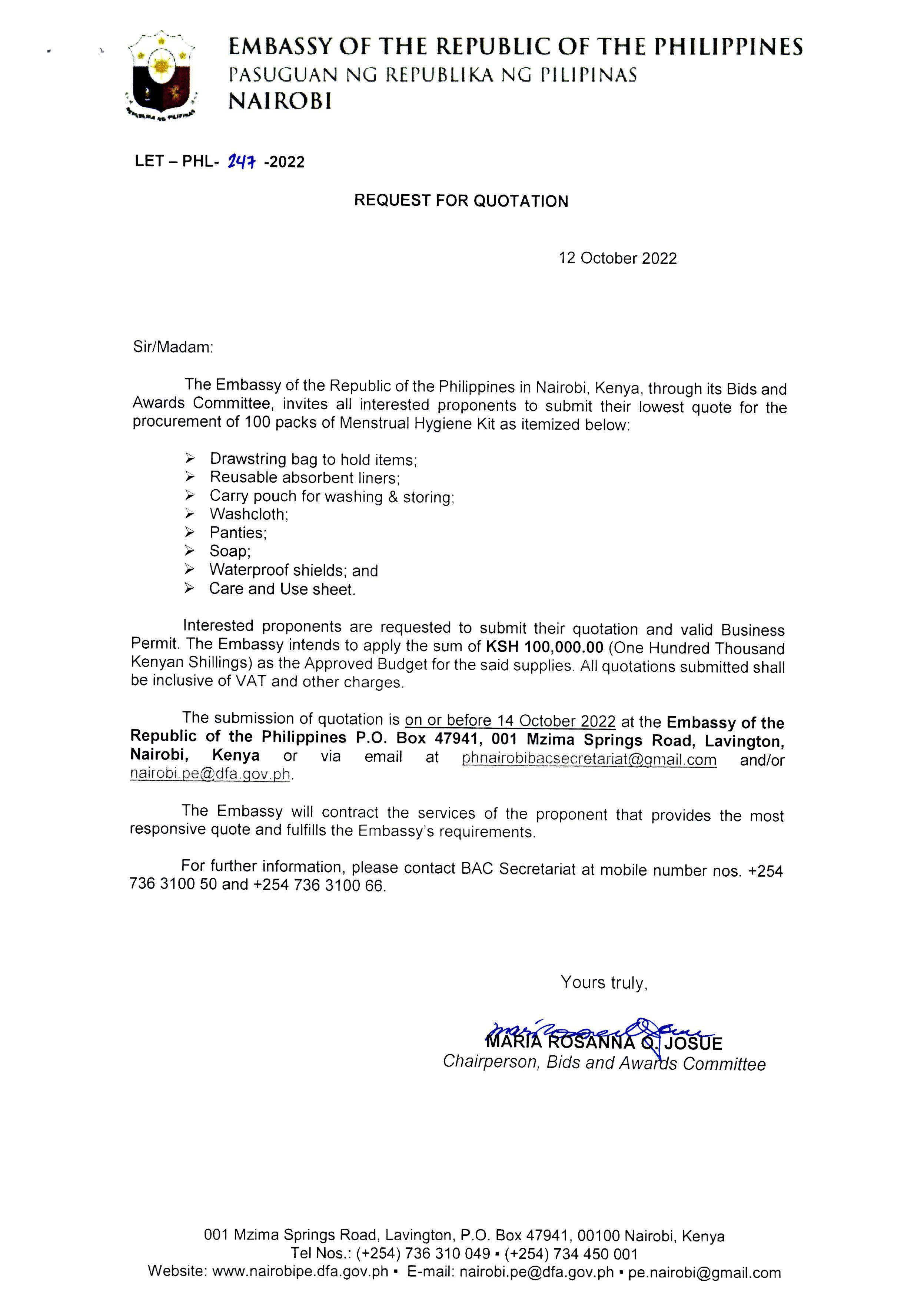 LET PHL 247 2022 BAC Request for Quotation 100 packs of Menstrual Hygiene Kit