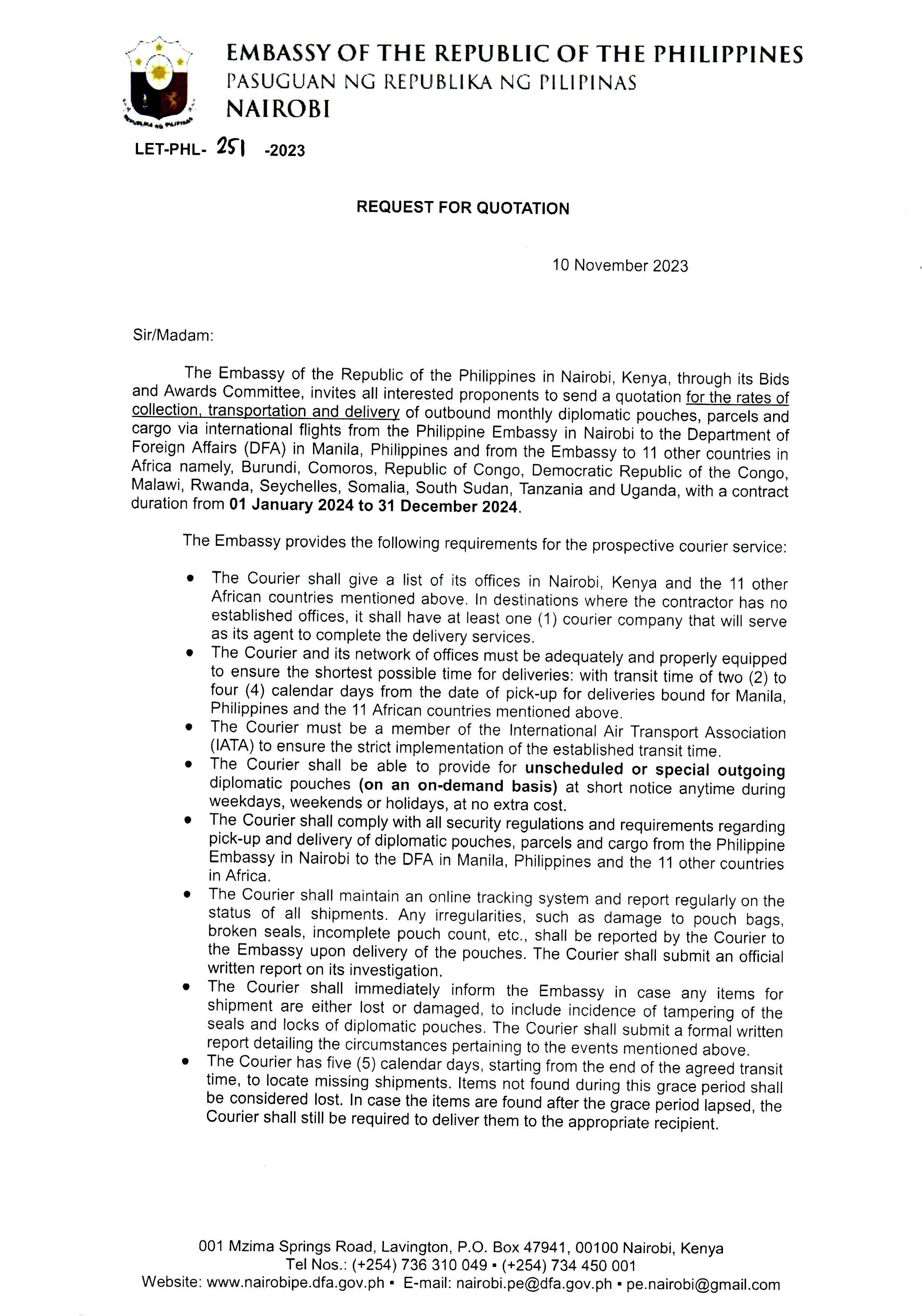 LET PHL 251 2023 BAC Request for Quotation Courier Services for 2024 Page 1