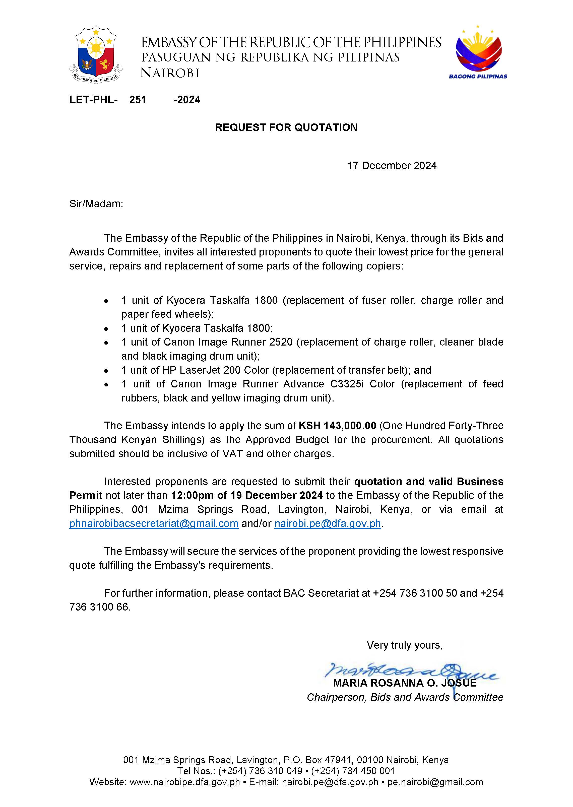 LET PHL 251 2024 BAC Request for Quotation General Repair Maintenance and Replacement of Parts of Embassys Copiers