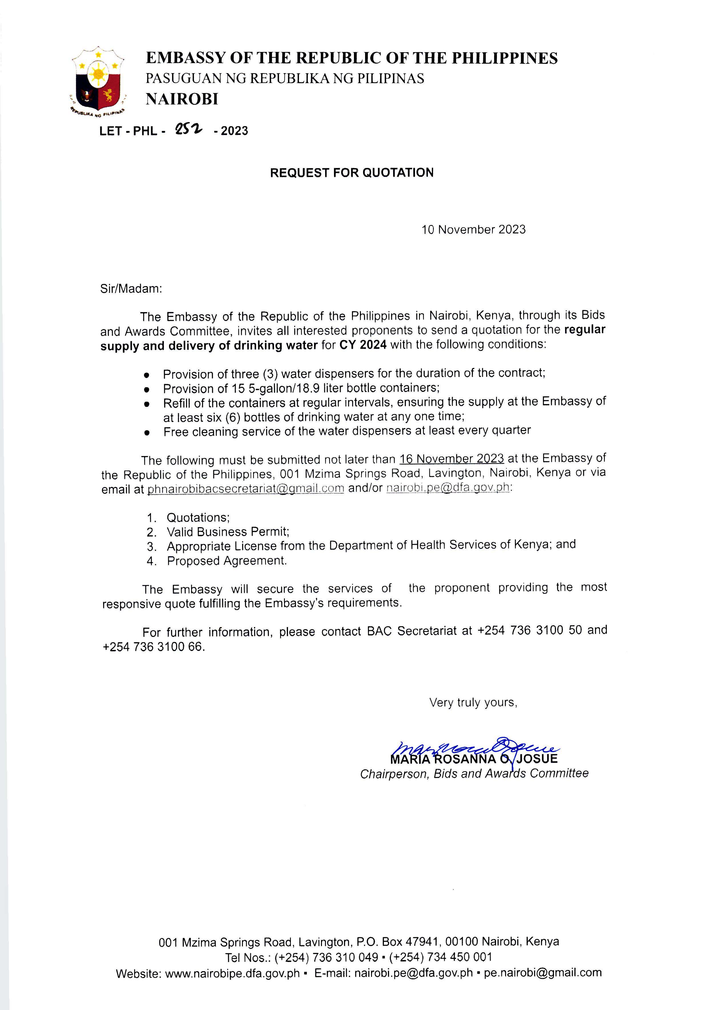 LET PHL 252 2023 BAC Request for Quotation Regular supply and delivery of drinking water for CY 2024