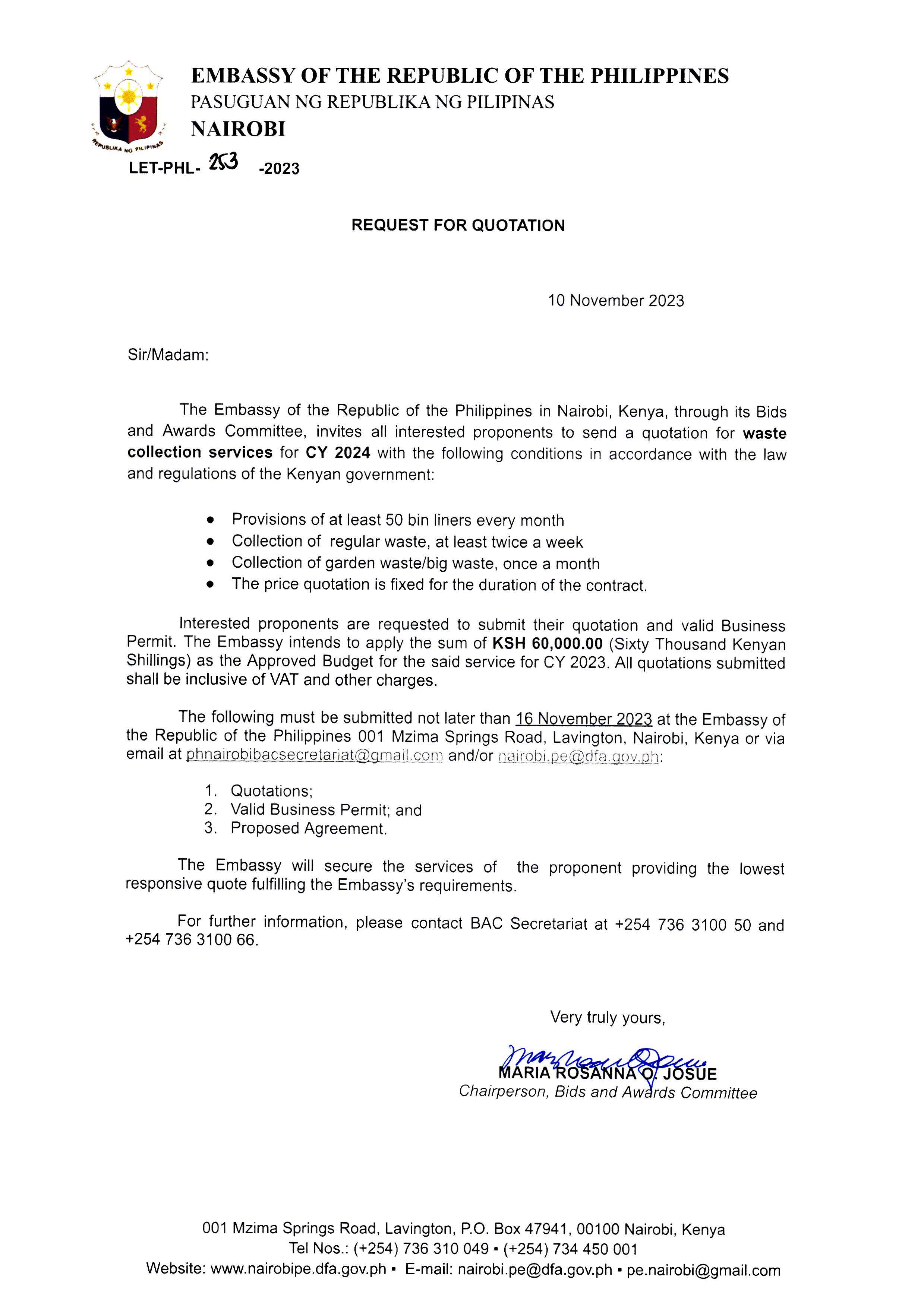 LET PHL 253 2023 BAC Request for Quotation Waste collection services for CY 2024