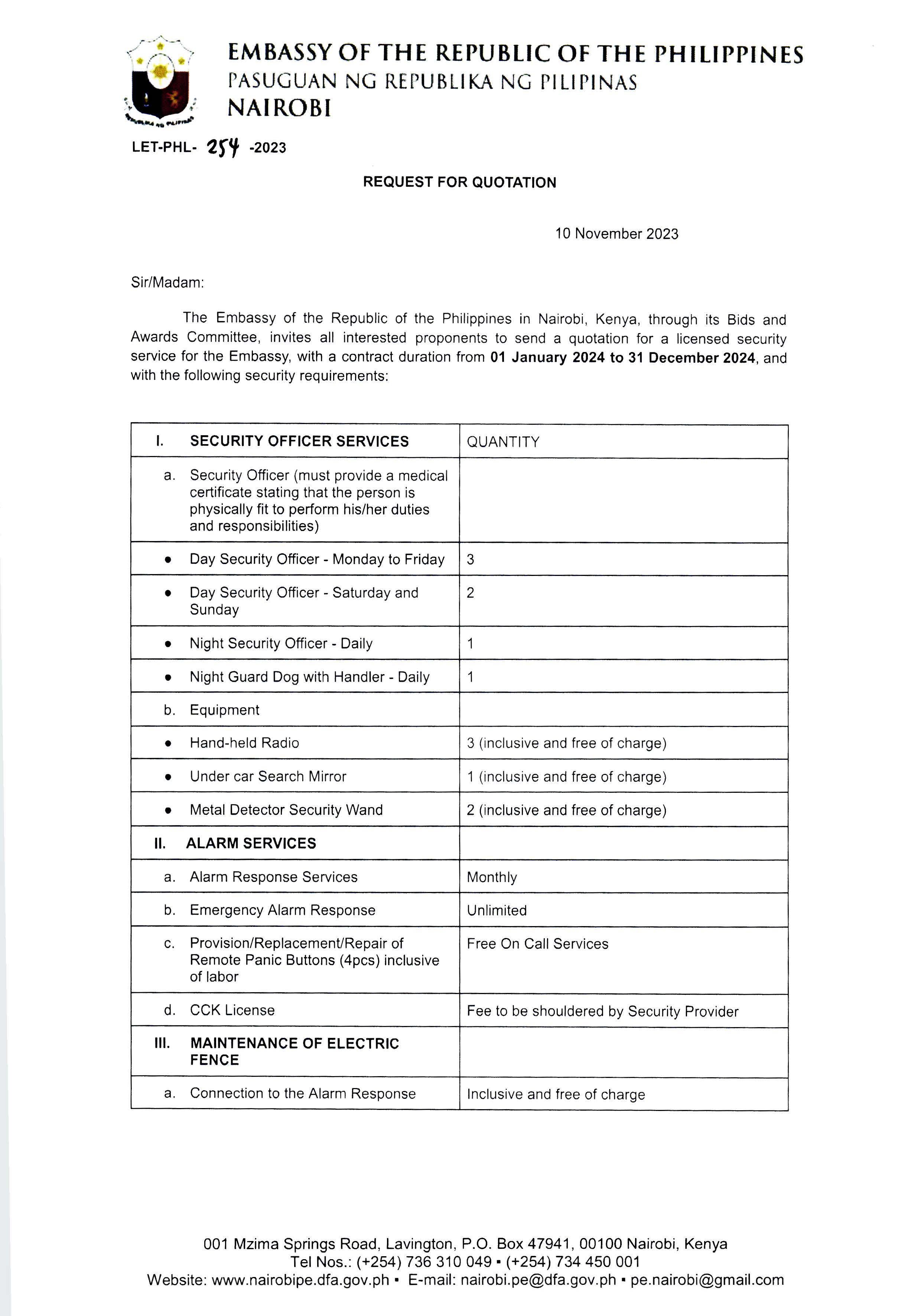 LET PHL 254 2023 BAC Request for Quotation Security Services for 2024 Page 1