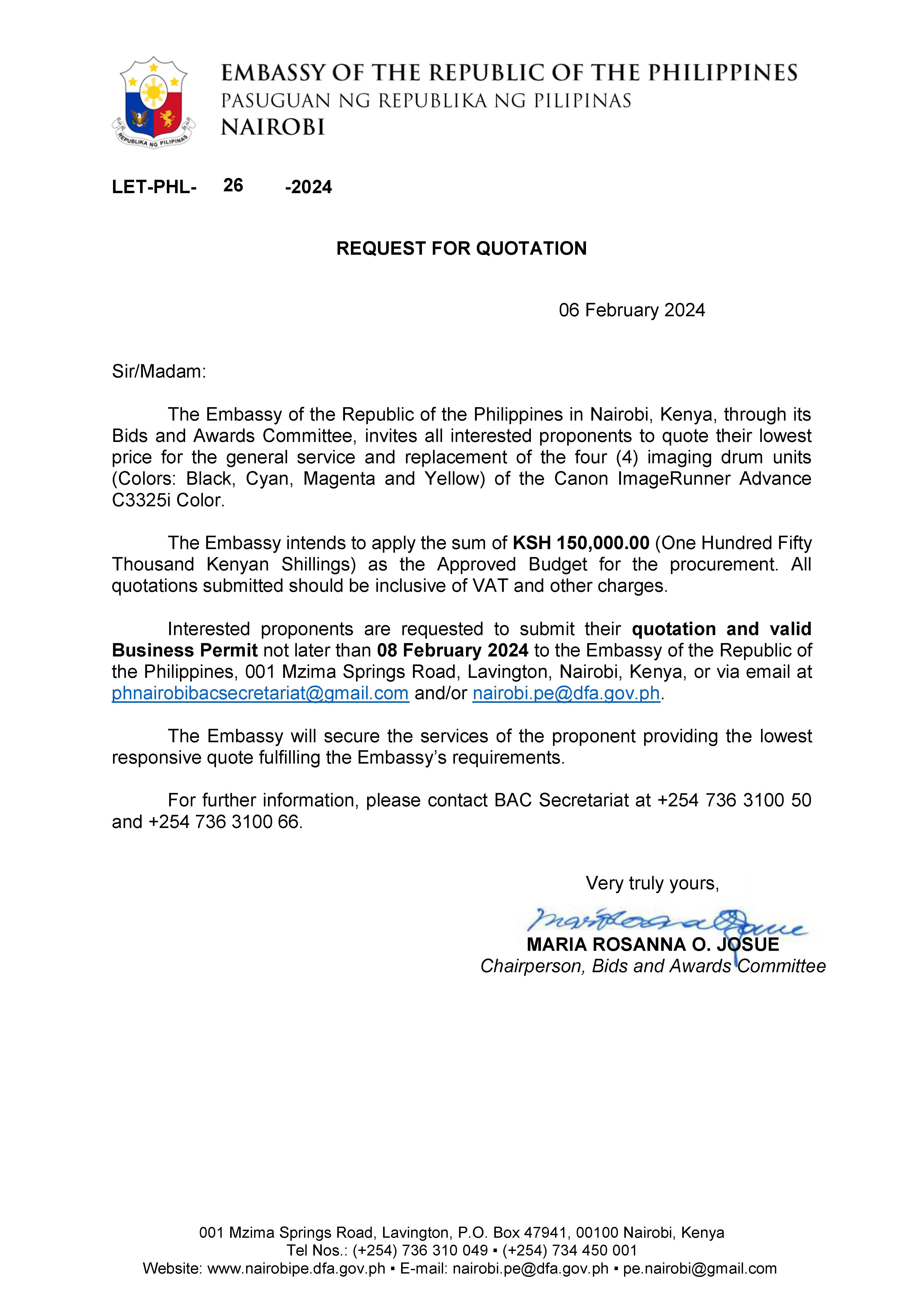 LET PHL 26 2024 BAC Request for Quotation General Service and Replacement of the imaging drum units of Canon copier