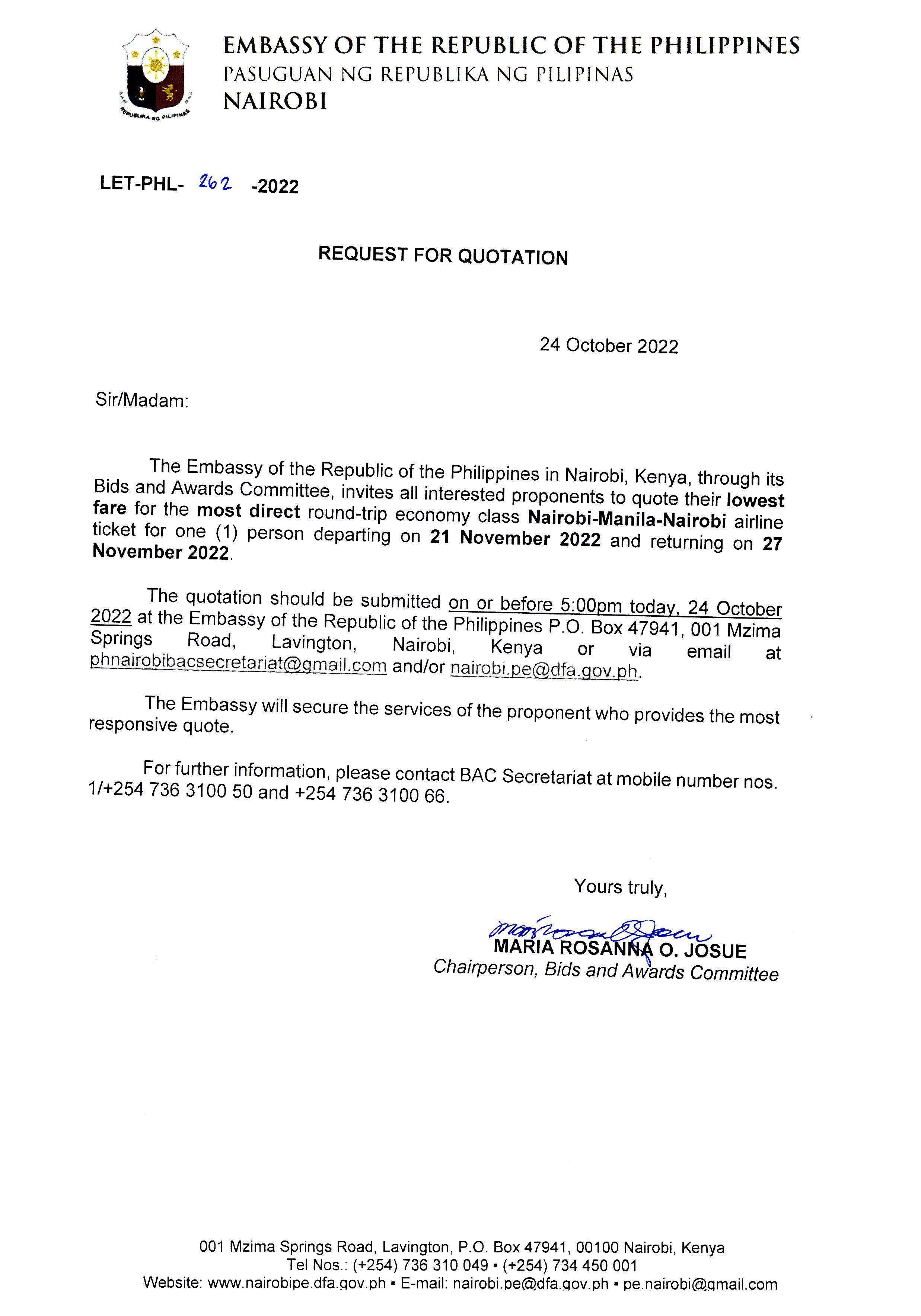 LET PHL 262 2022 BAC Request for Quotation Economy Class Ticket NBO MNL NBO 21 27 Nov 2022