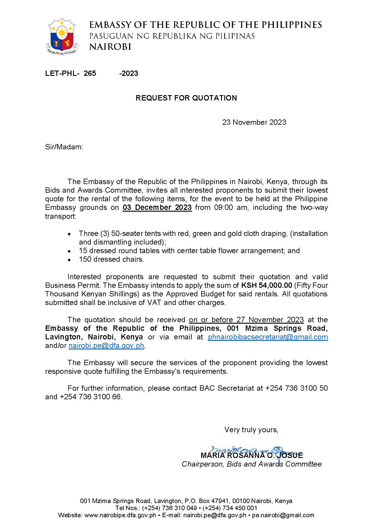 LET PHL 265 2023 BAC Request for Quotation Rental of tents round tables and chairs for the Embassy event 3 Dec 2023