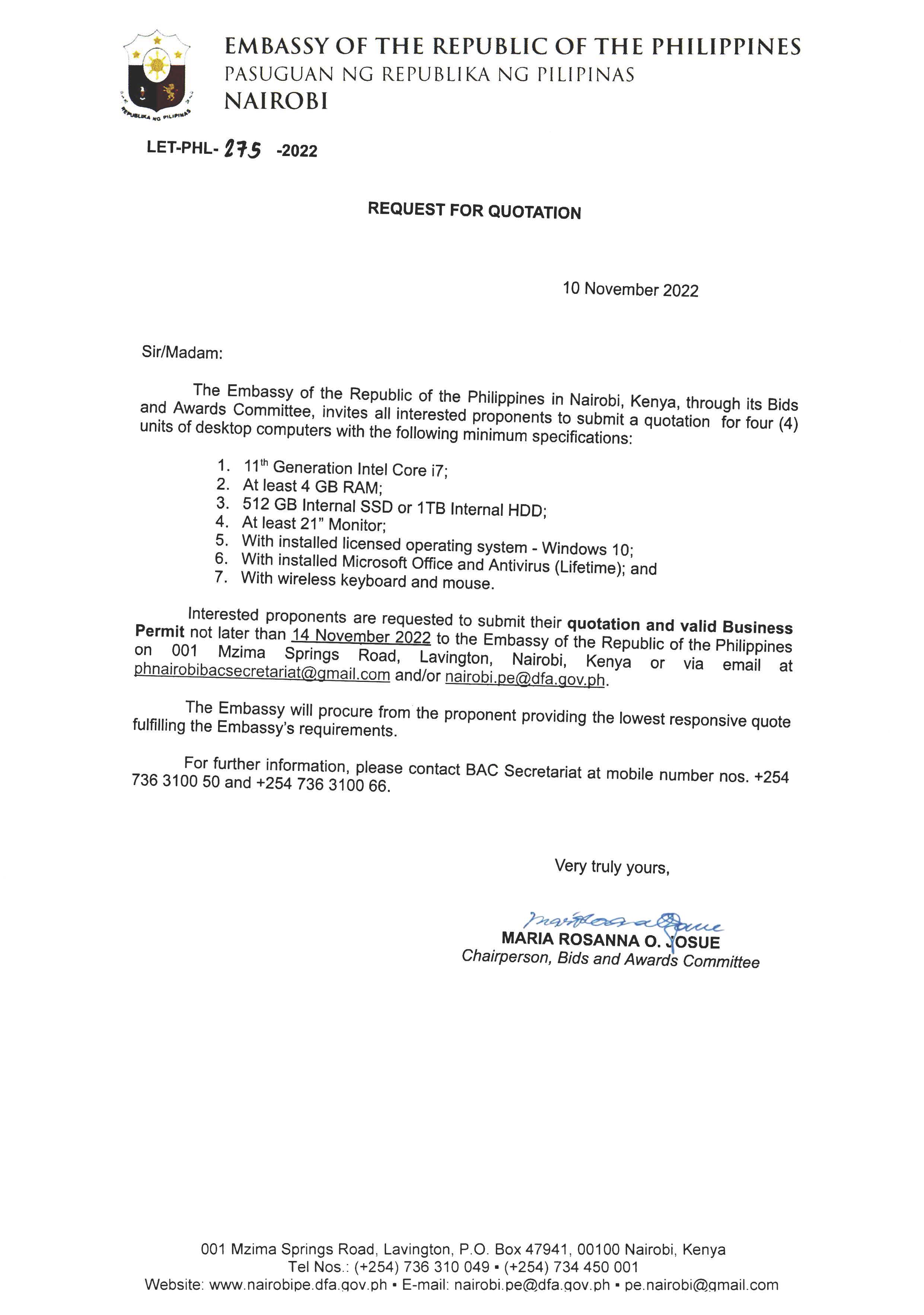 LET PHL 275 2022 BAC Request for Quotation Four 4 units of Desktop Computers