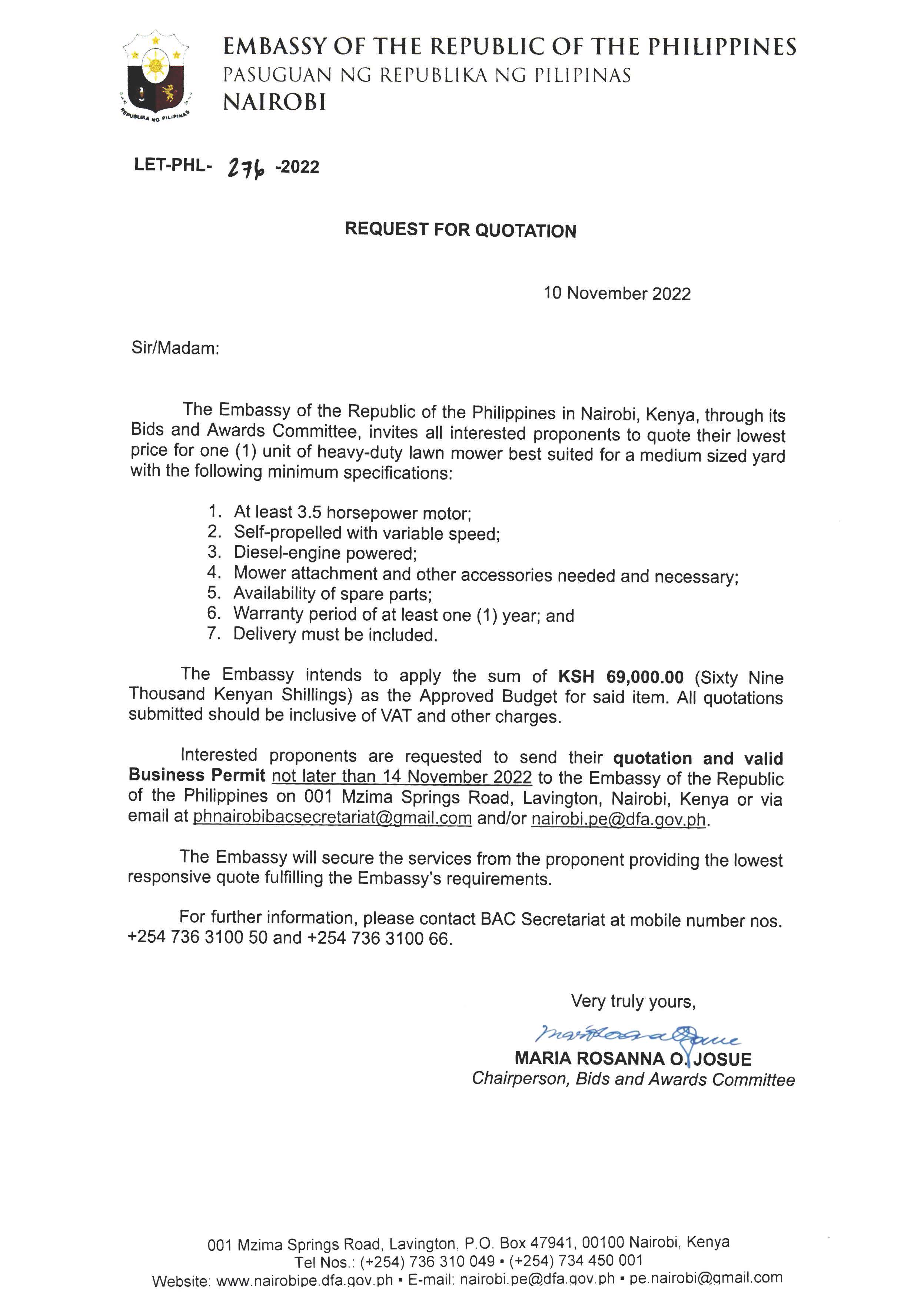 LET PHL 276 2022 BAC Request for Quotation of One 1 unit of heavy duty lawn mower