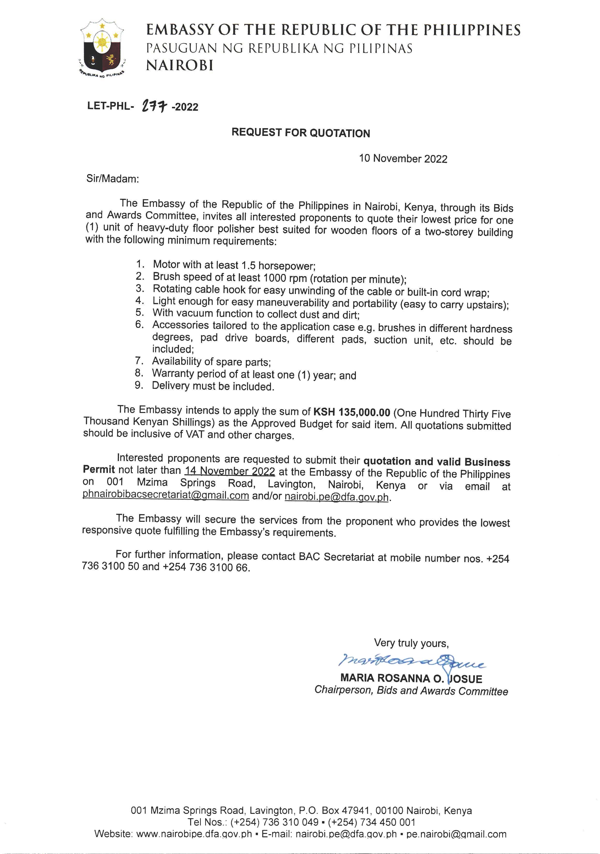 LET PHL 277 2022 BAC Request for Quotation One 1 unit of heavy duty floor polisher