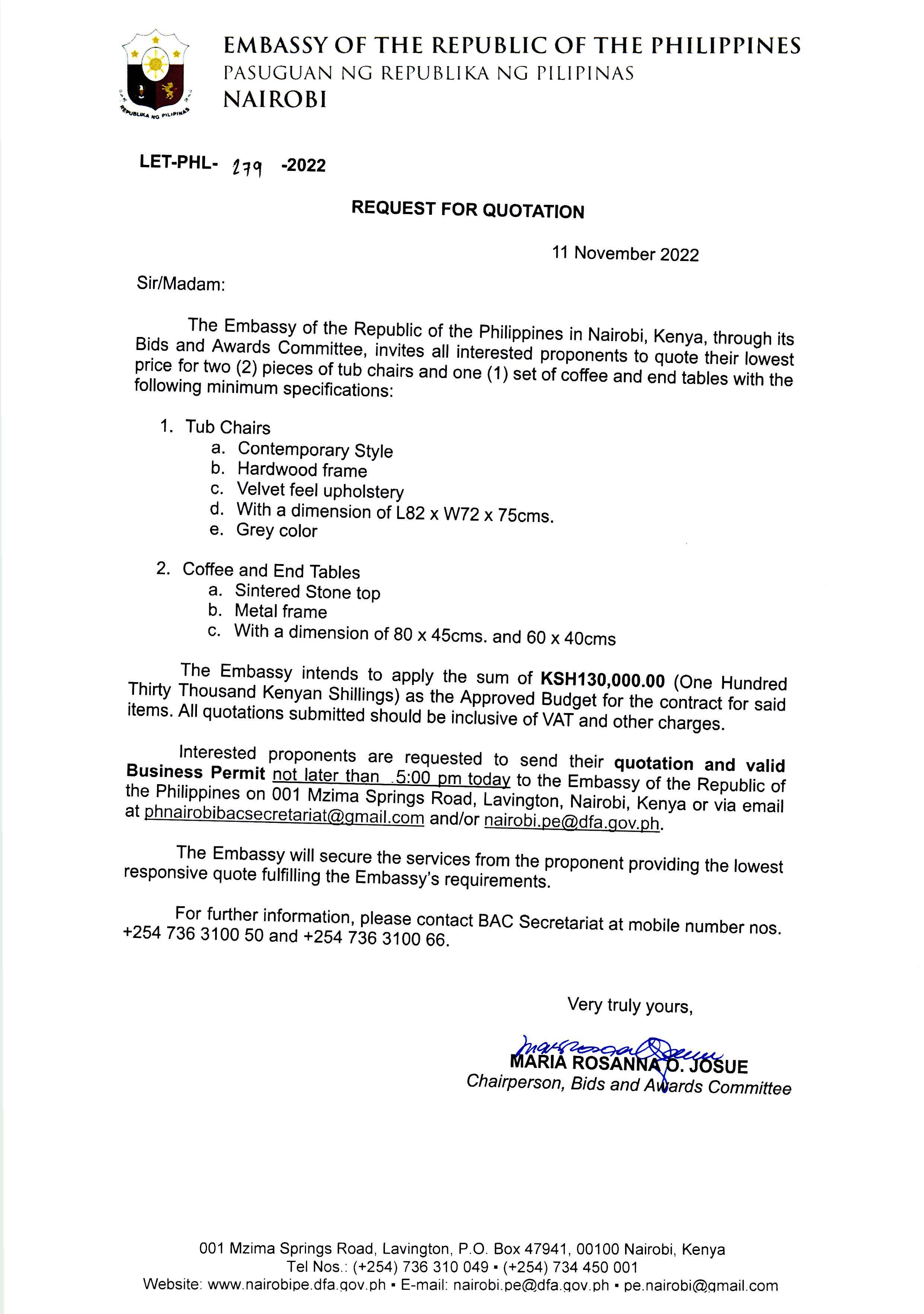 LET PHL 279 2022 BAC Request for Quotation 2 Tub Chairs and 1 set of Coffee and End Tables