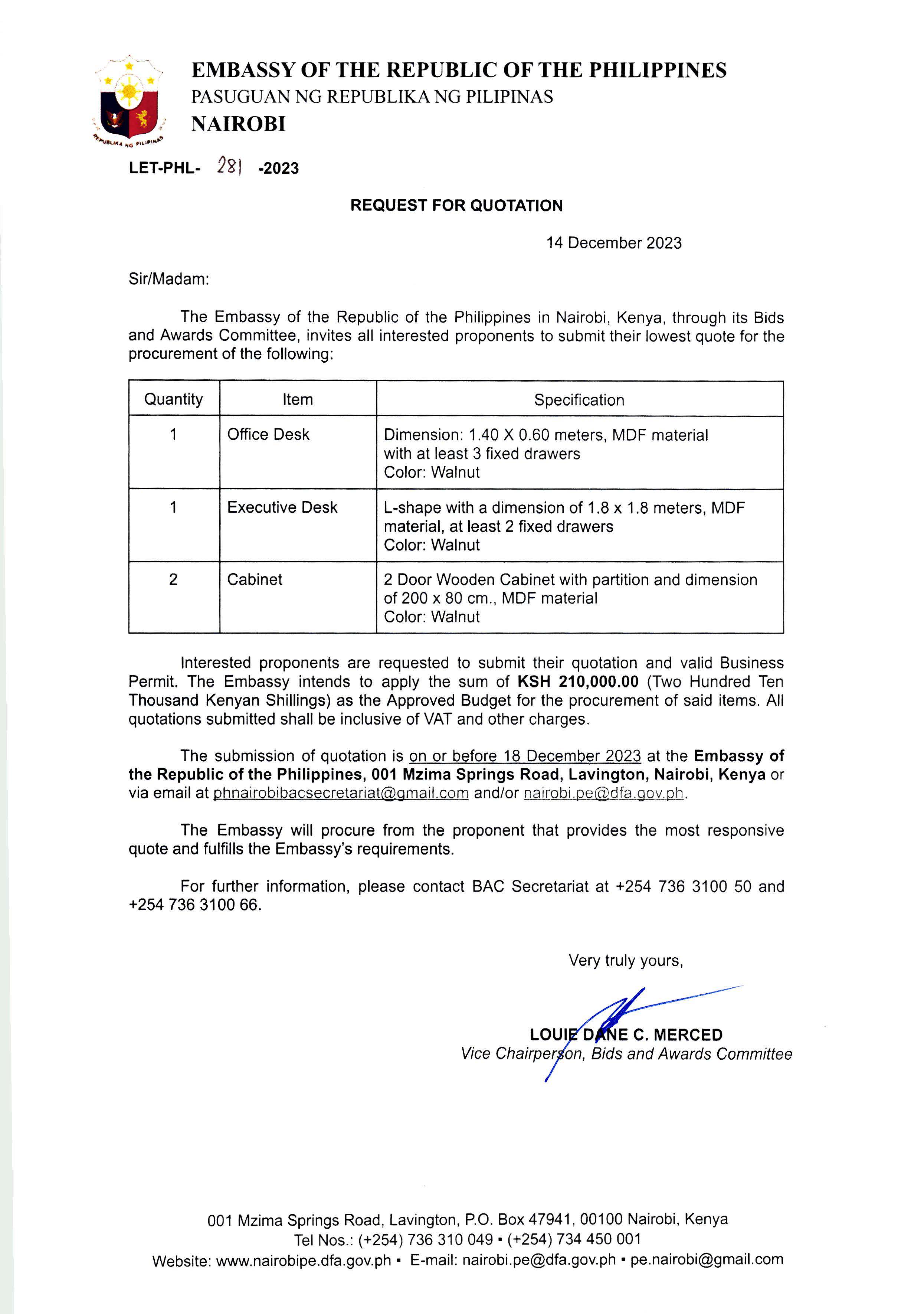 LET PHL 281 2023 BAC Request for Quotation Office desk Executive desk and cabinet