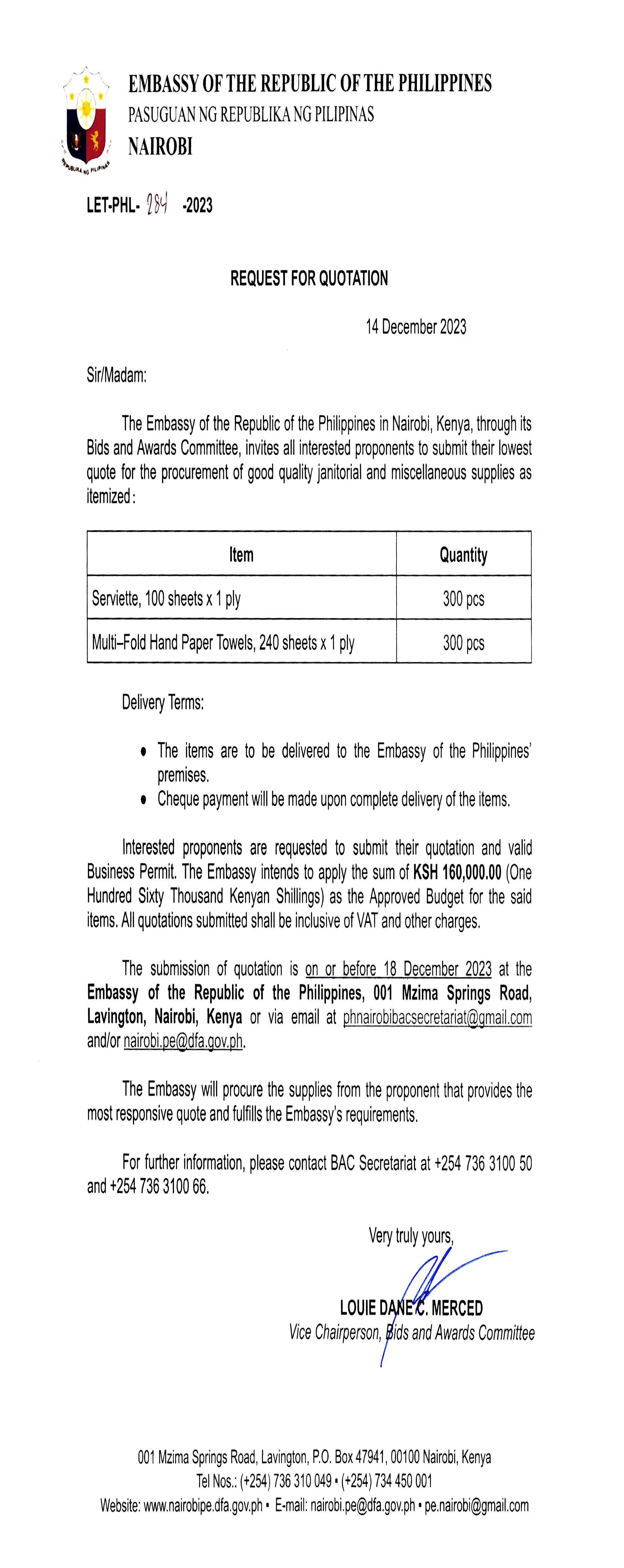 LET PHL 284 2023 BAC Request for Quotation Janitorial and miscellaneous supplies