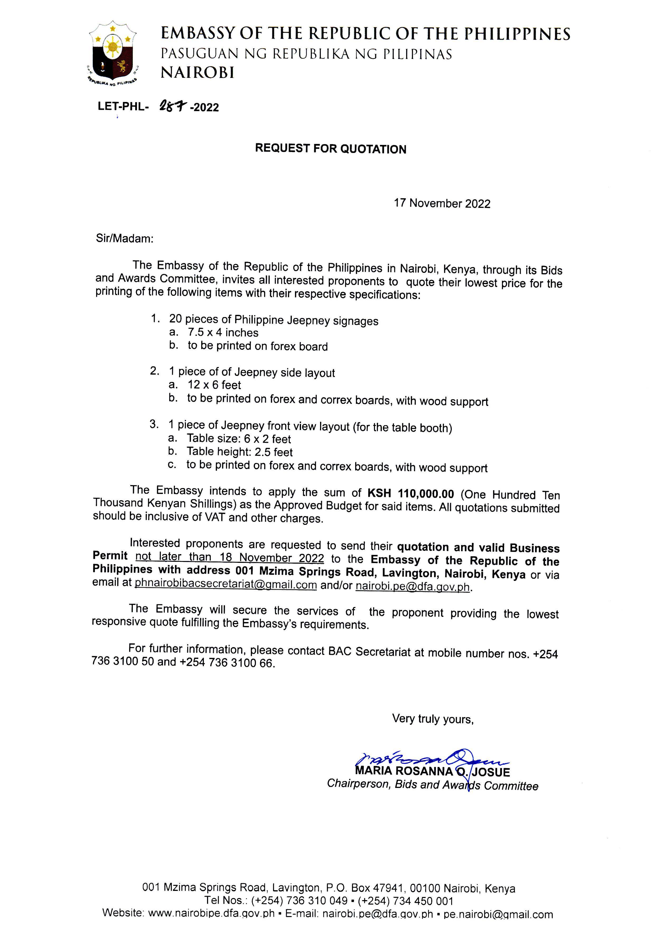 LET PHL 287 2022 BAC Request for Quotation. Printing of Materials Jeep and Signages