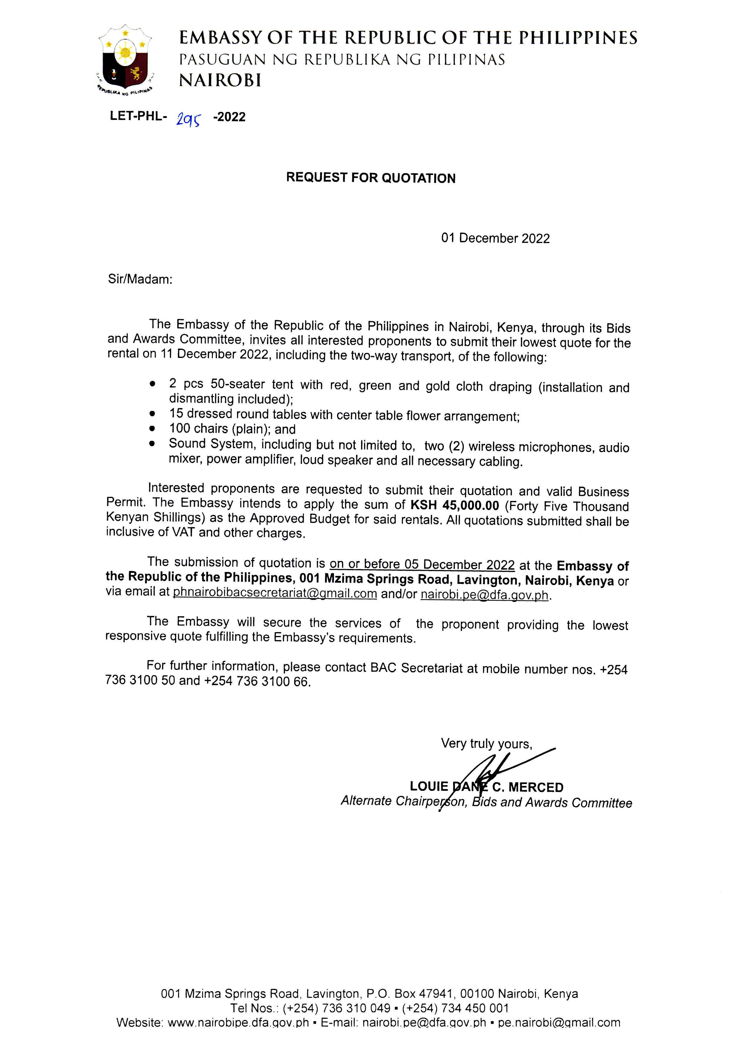 LET PHL 295 2022 BAC Request for Quotation Rental of tents tables chairs and sound system for 11 Dec 2022 Event