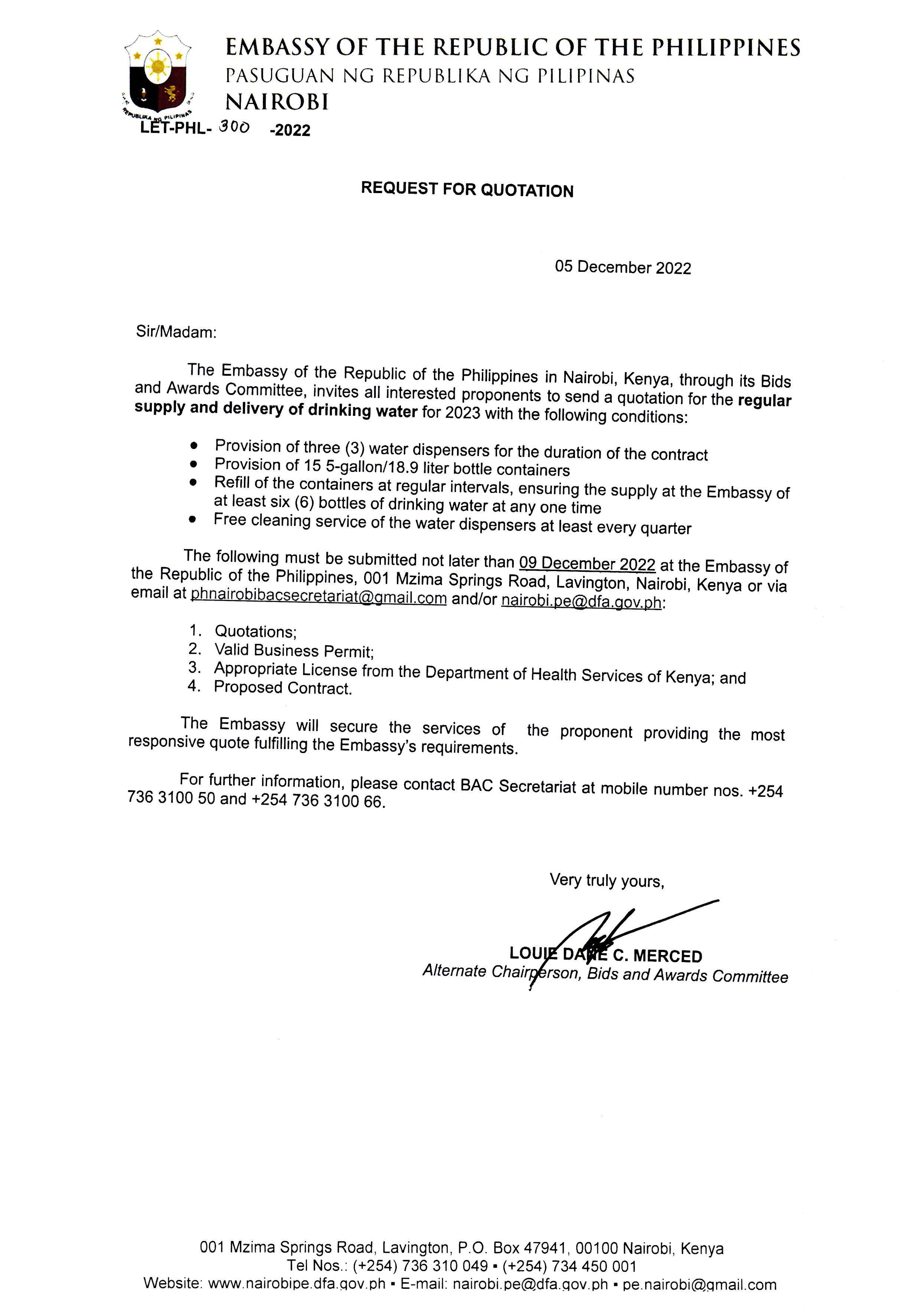 LET PHL 300 2022 BAC Request for Quotation regular supply and delivery of drinking water for 2023