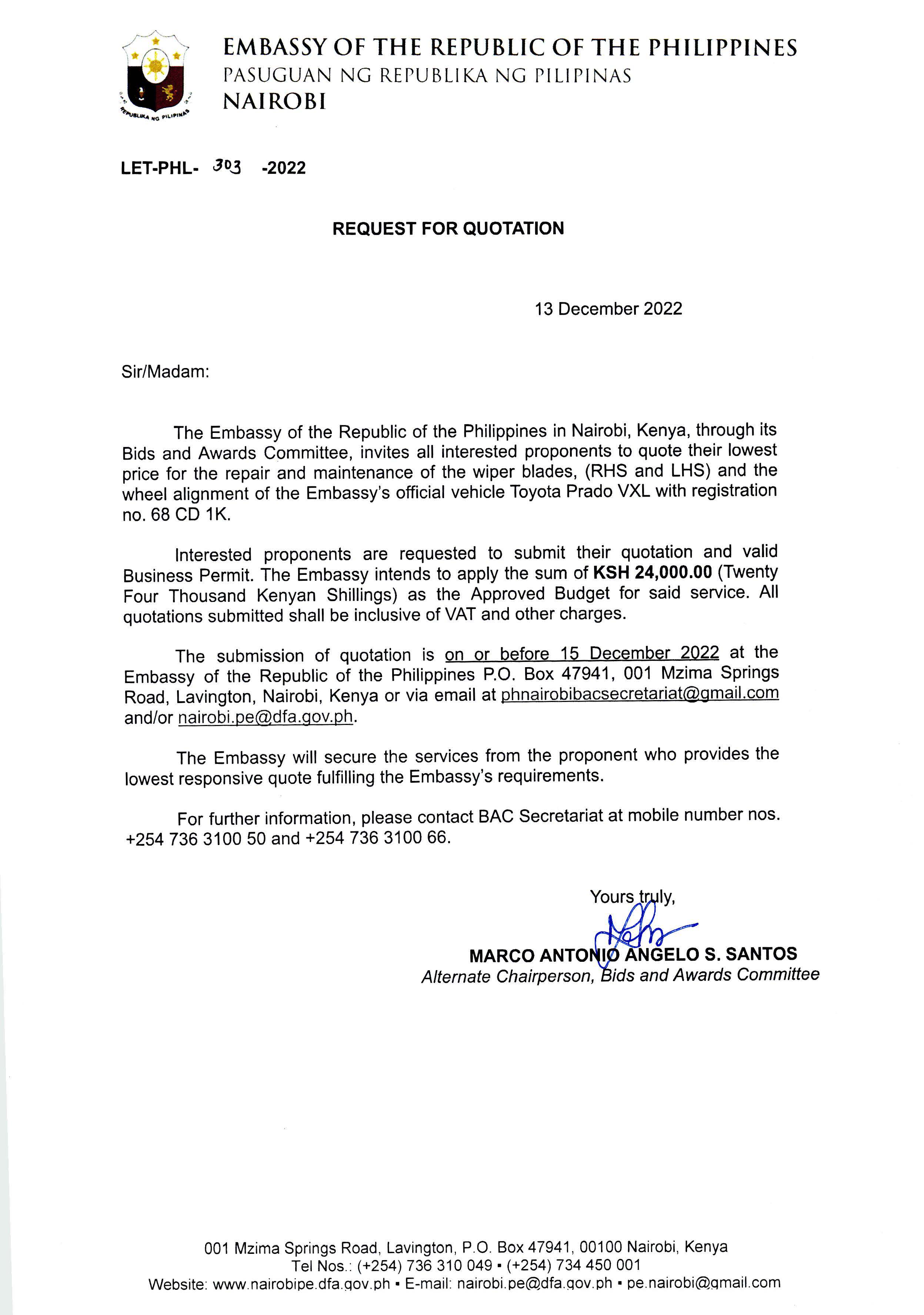 LET PHL 303 2022 BAC Request for Quotation Maintenance Service of Toyota Prado 68 CD 1K