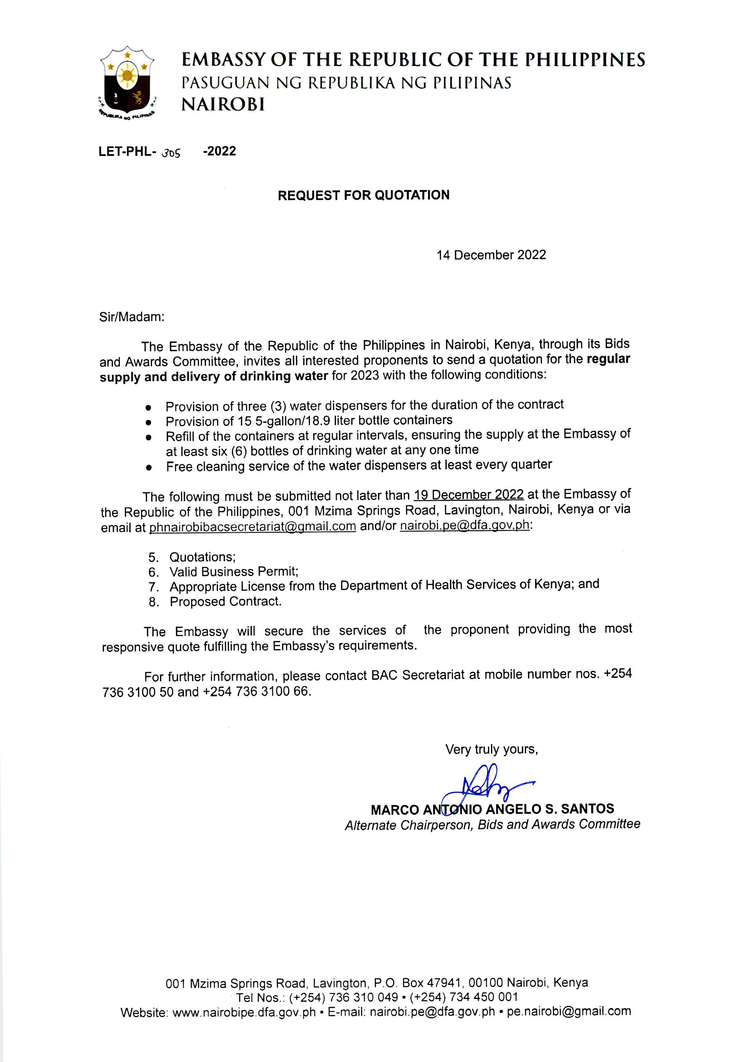 LET PHL 305 2022 BAC Request for Quotation regular supply and delivery of drinking water for 2023