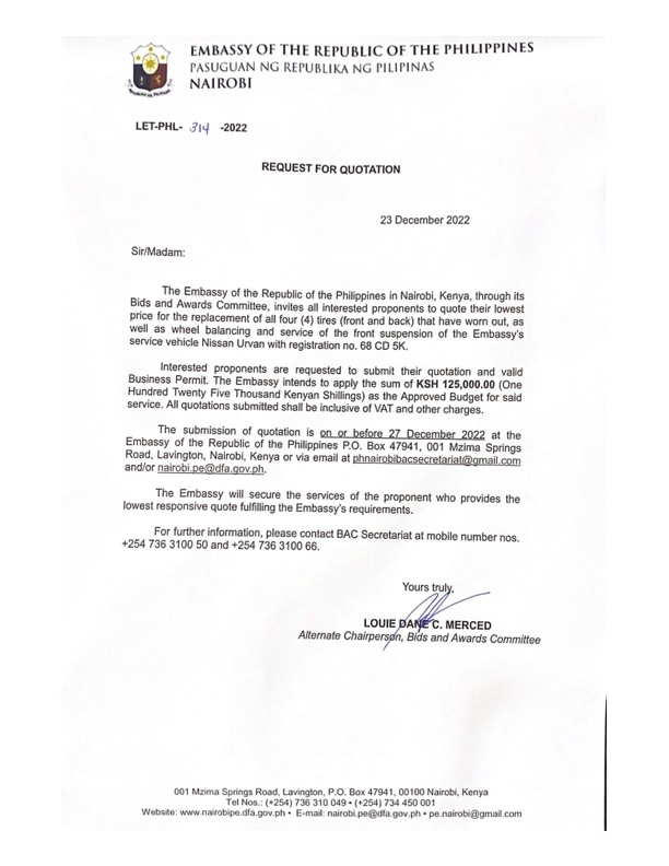 LET PHL 314 2022 BAC Request for Quotation Replacement of 4 tire wheel balancing and service of the front suspension 