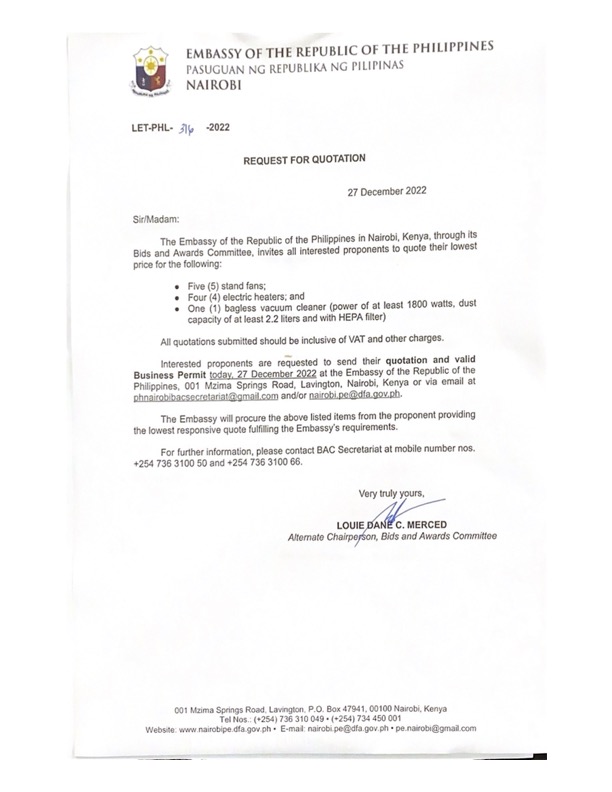 LET PHL 316 2022 BAC Request for Quotation Stand fans electric heaters and bagless vacuum cleaner