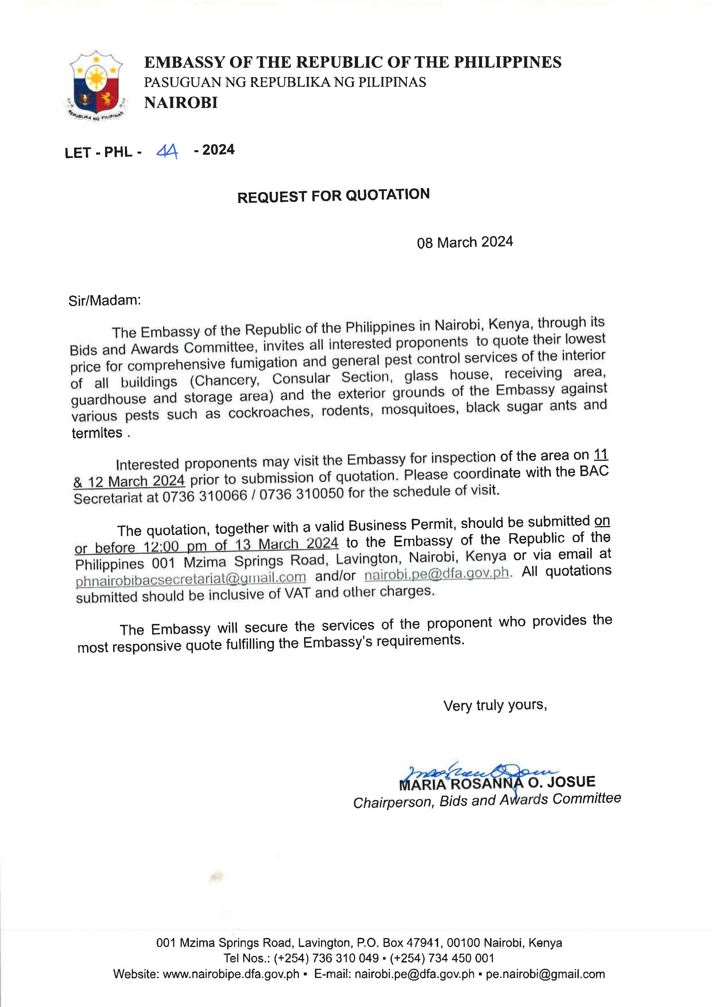 LET PHL 44 2024 BAC Request for Quotation for Fumigation and General Pest Control Services