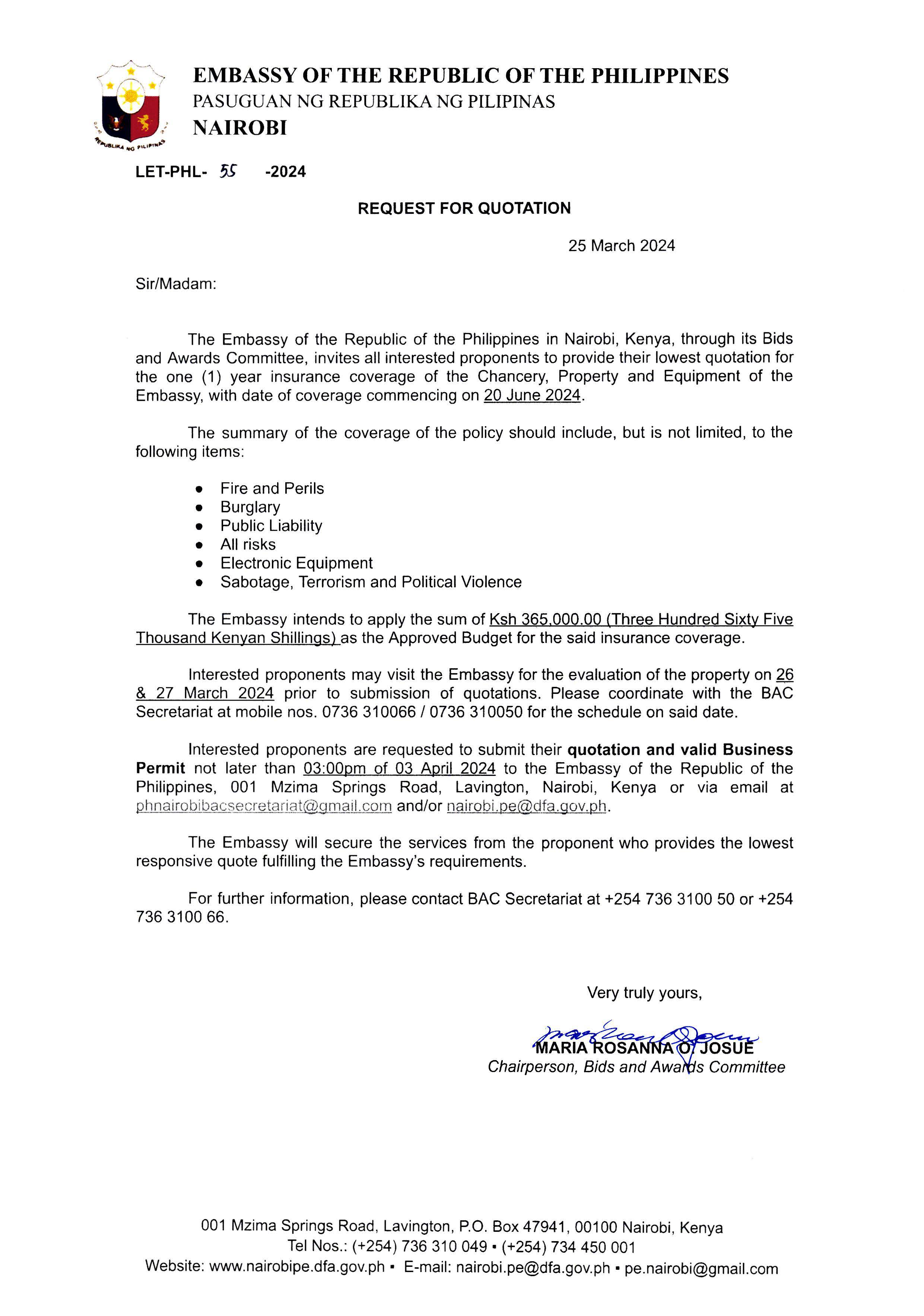 LET PHL 55 2024 BAC Request for Quotation One 1 year insurance coverage of the Chancery Embassy Property and Equipment