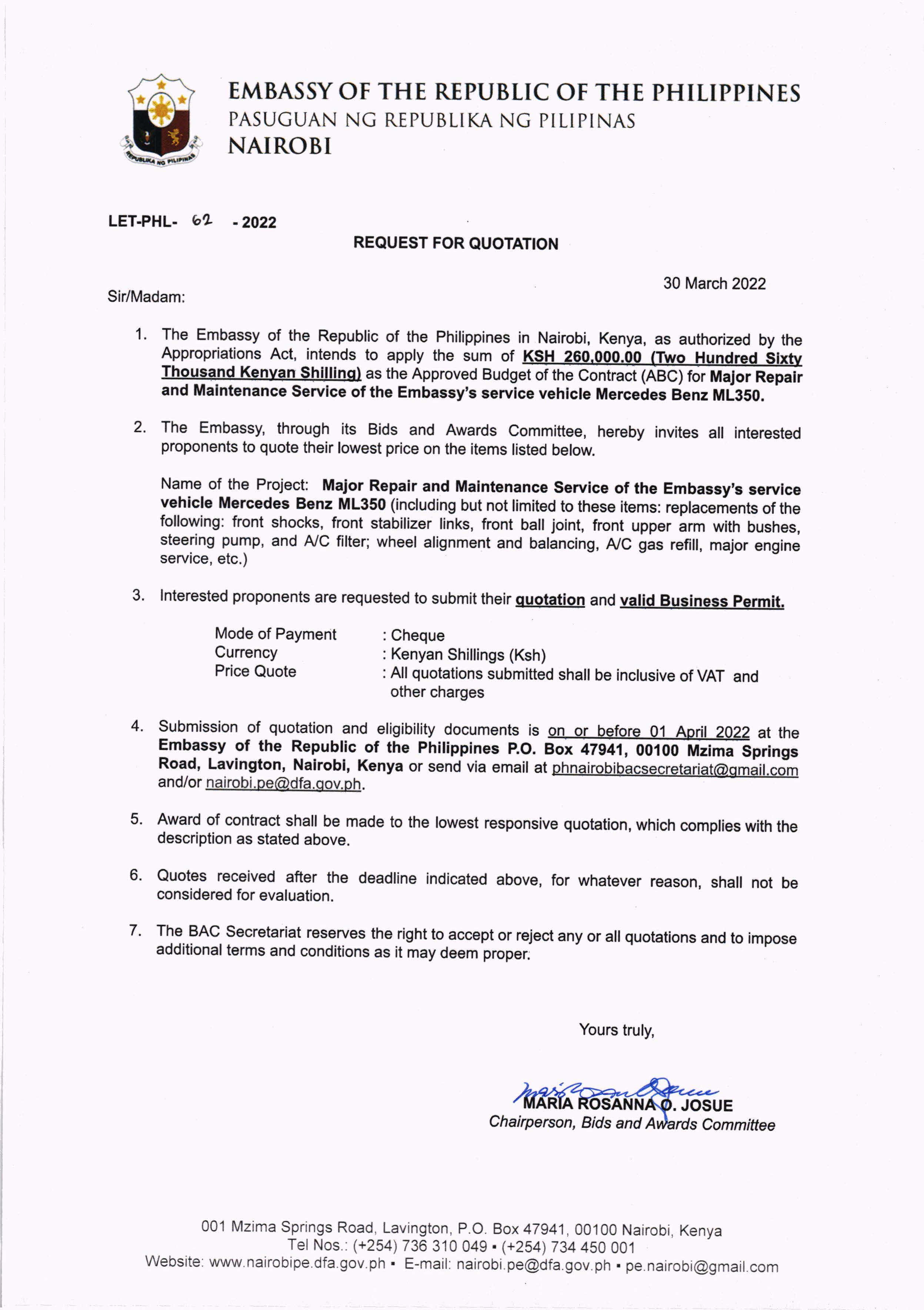 LET PHL 62 2022 BAC Request for Quotation Major Repair and Maintenance Service of the Embassys Service Vehicle Mercedes Benz ML350