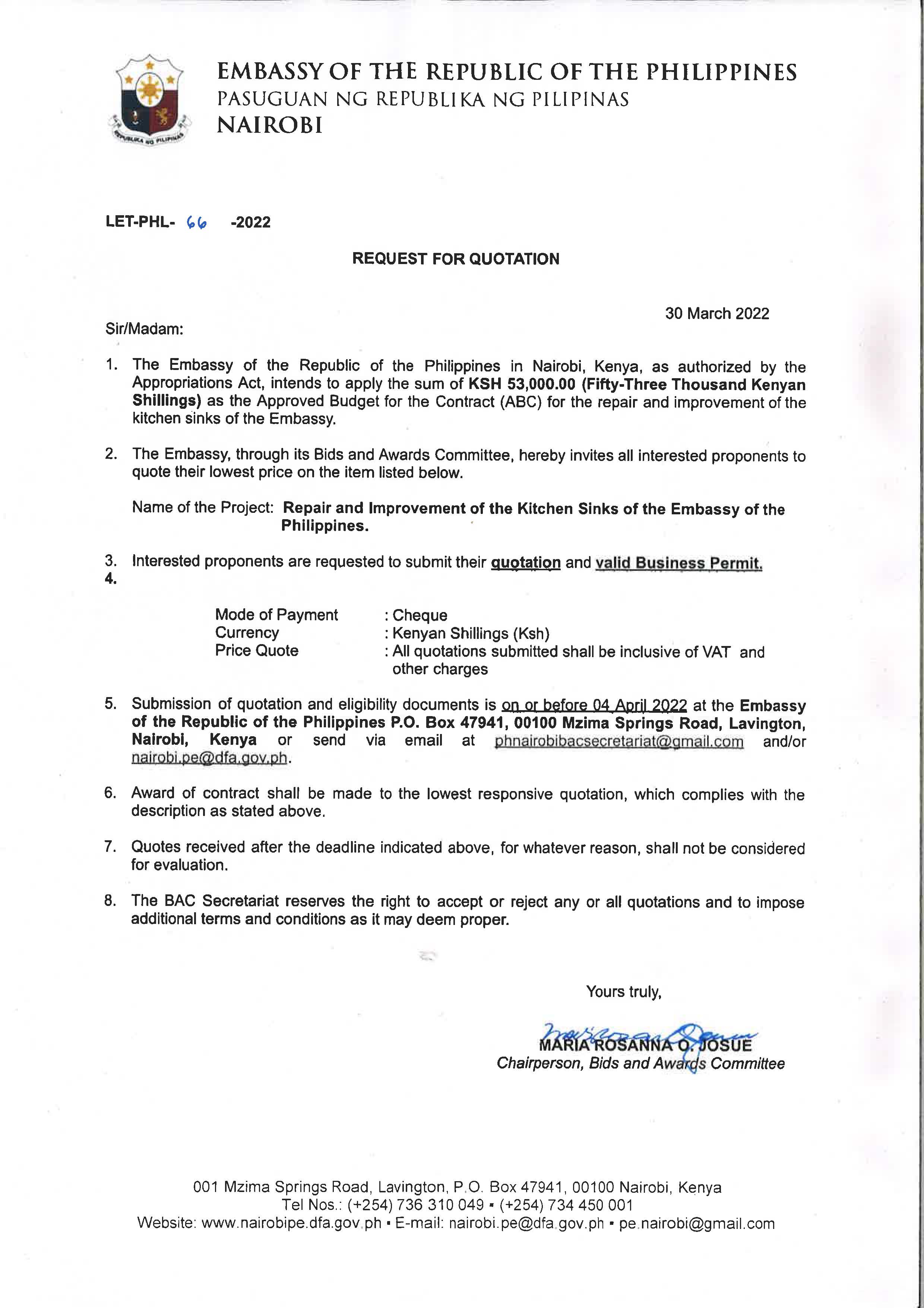 LET PHL 66 2022 BAC Request for Quotation Repair and Improvement of the Embassy Kitchen Sinks