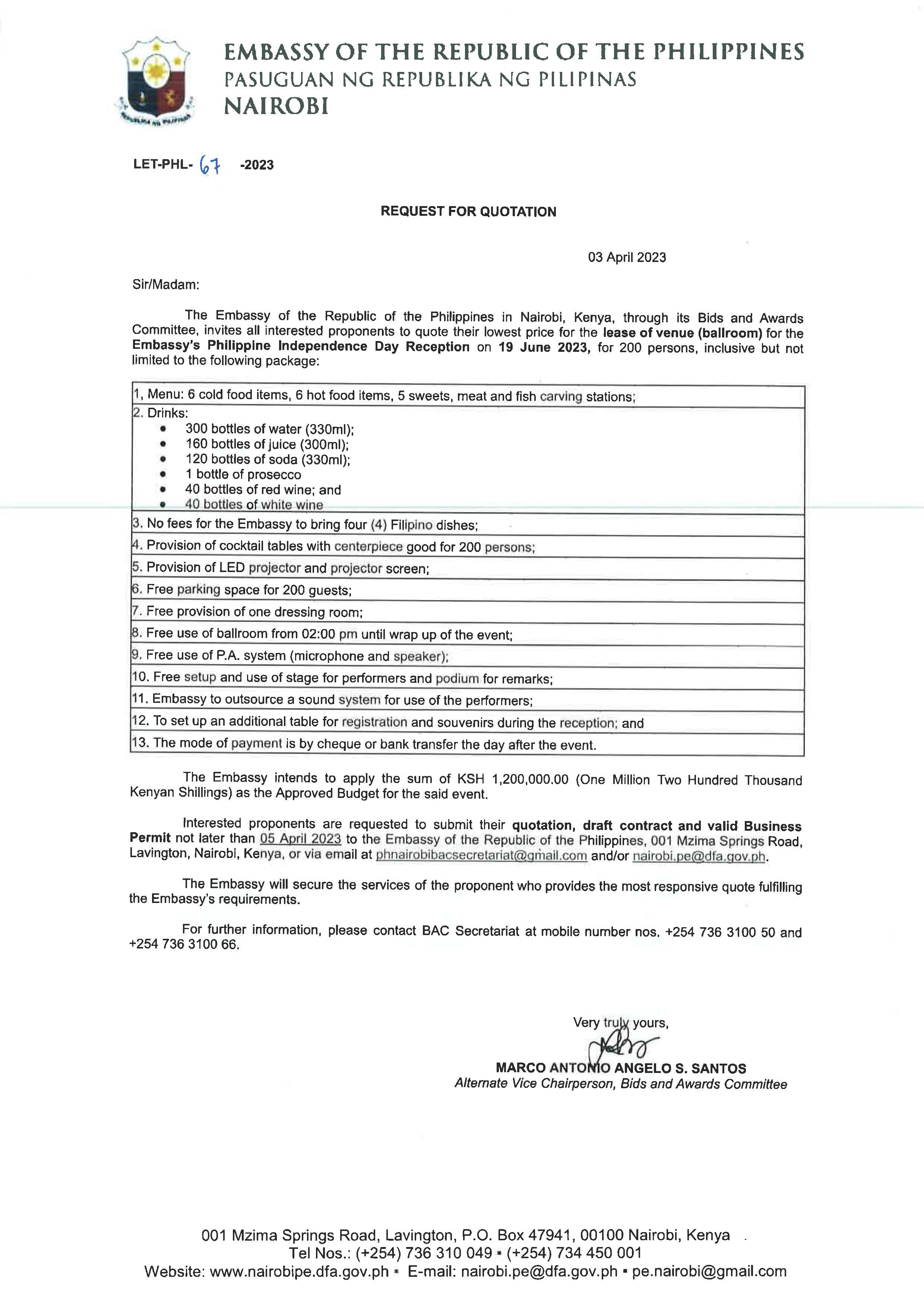 LET PHL 67 2023 BAC Request for Quotation Lease of Venue for Embassys Philippine Independence Day Reception 19 June 2023