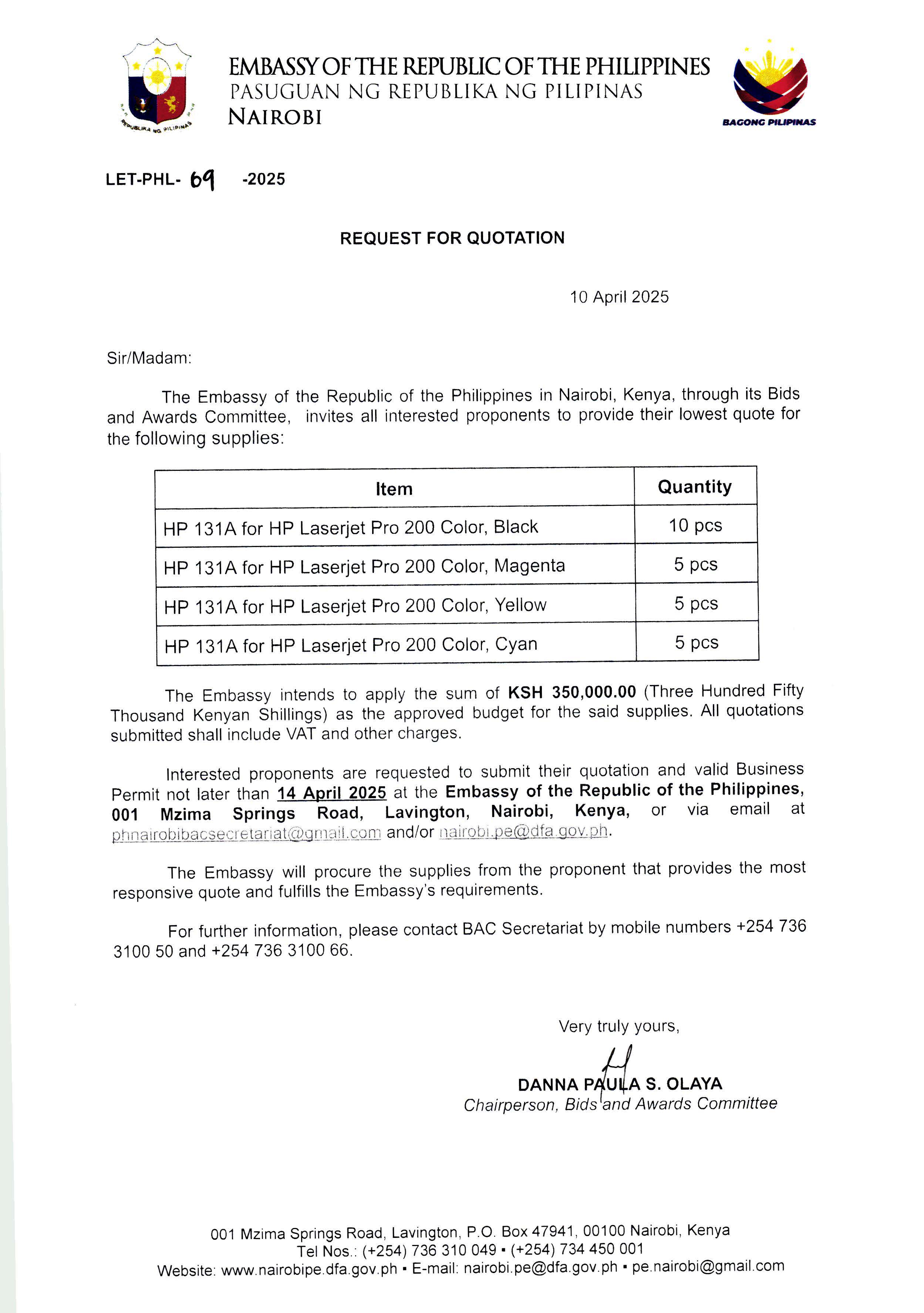 LET PHL 69 2025 BAC Request for Quotation Office Supplies Toners Page 1