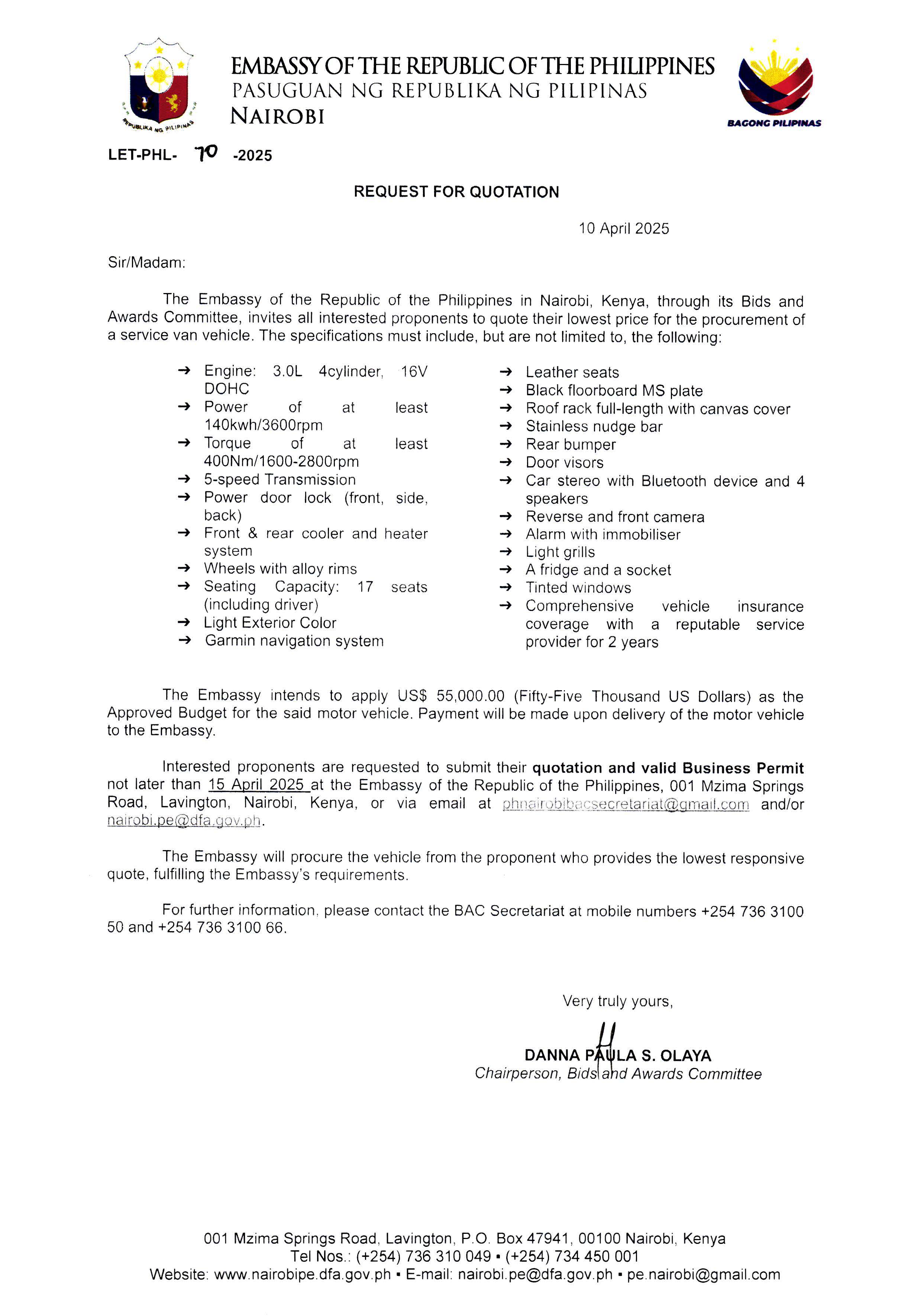 LET PHL 70 2025 BAC Request for Quotation Embassys Service Vehicle 17 seater
