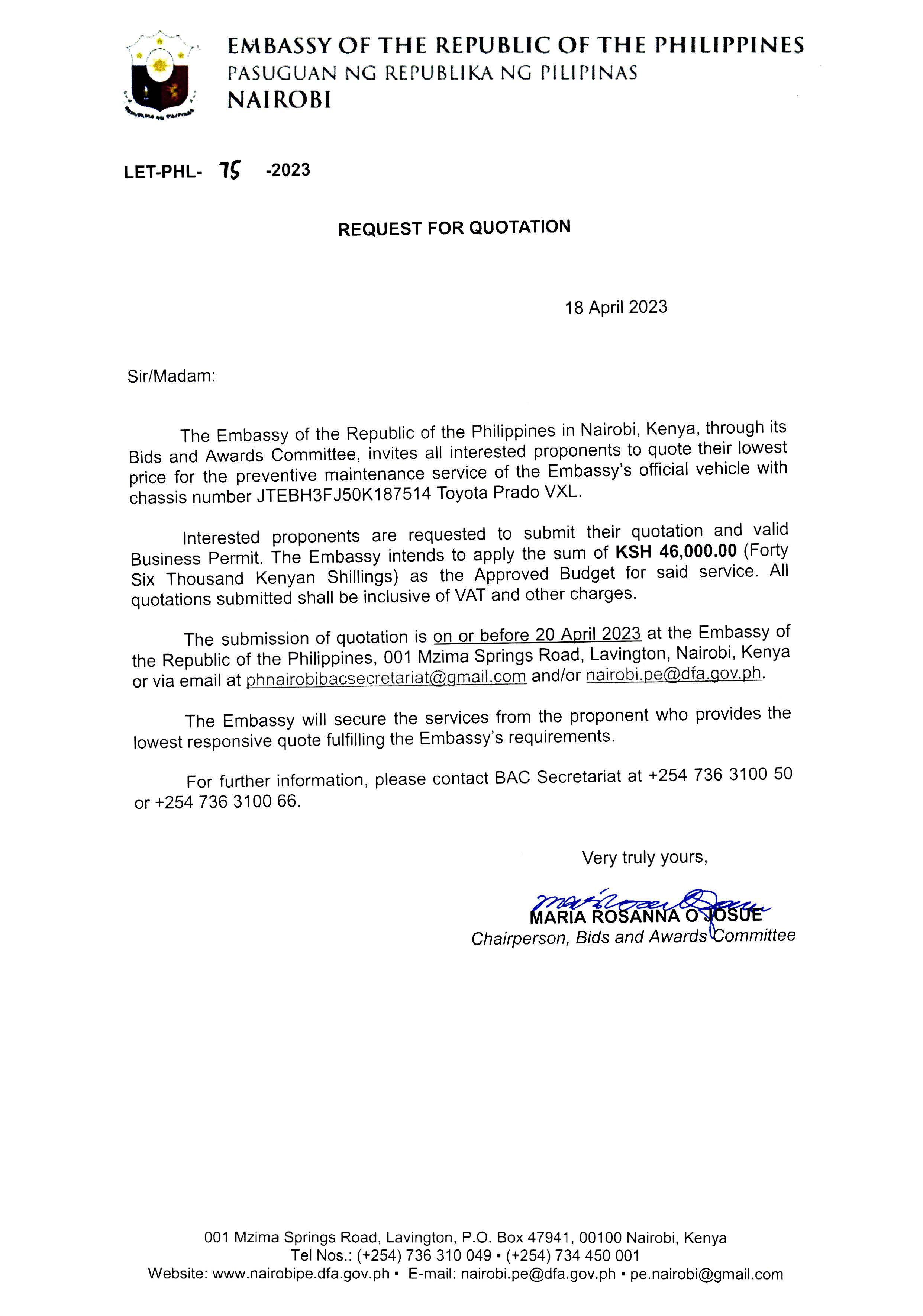 LET PHL 75 2023 BAC Request for Quotatio Preventive Maintenance of Toyota Prado VXL