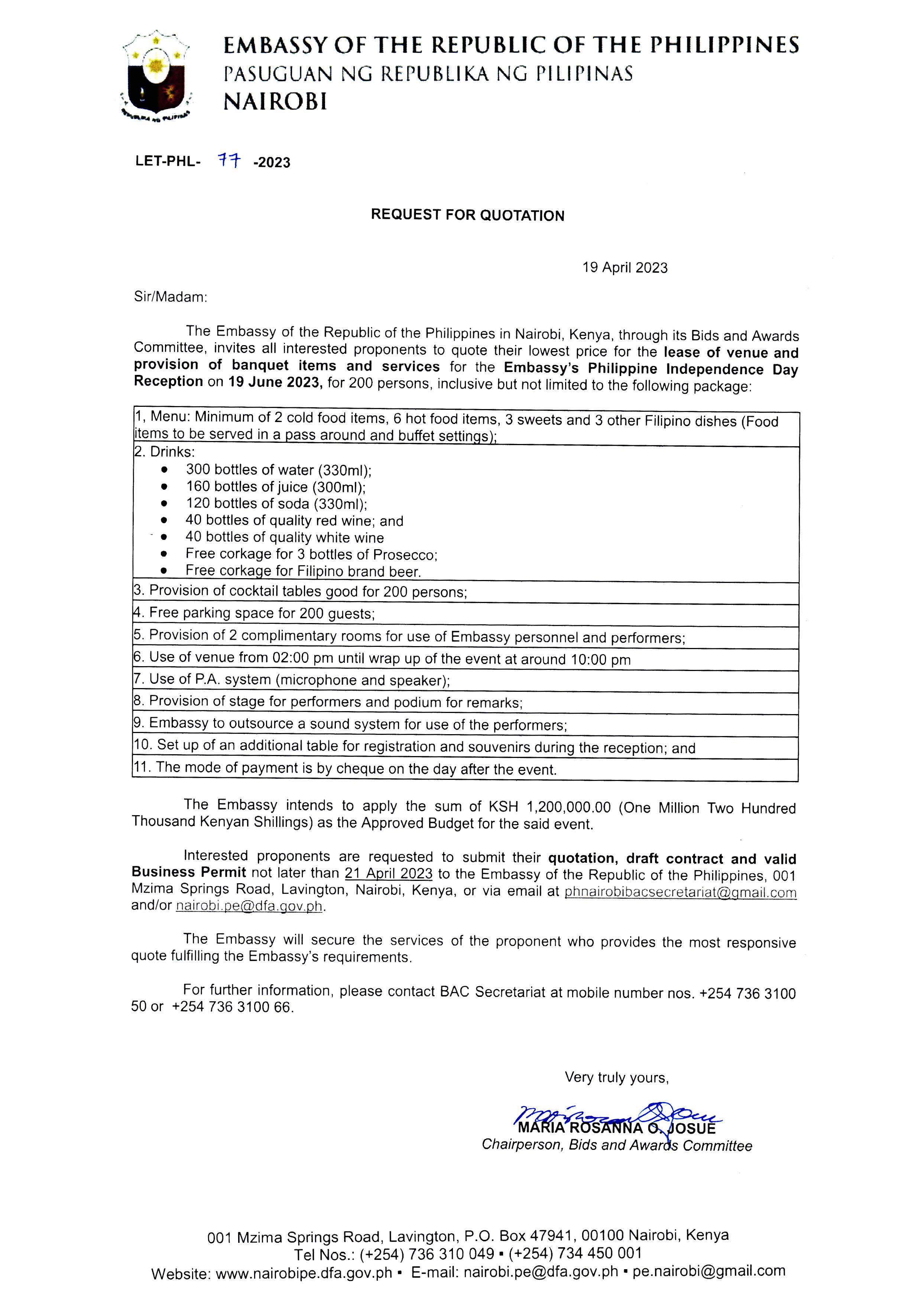 LET PHL 77 2023 BAC Request for Quotation Embassys Philippine Independence Day Diplomatic Reception 19 Jun 2023
