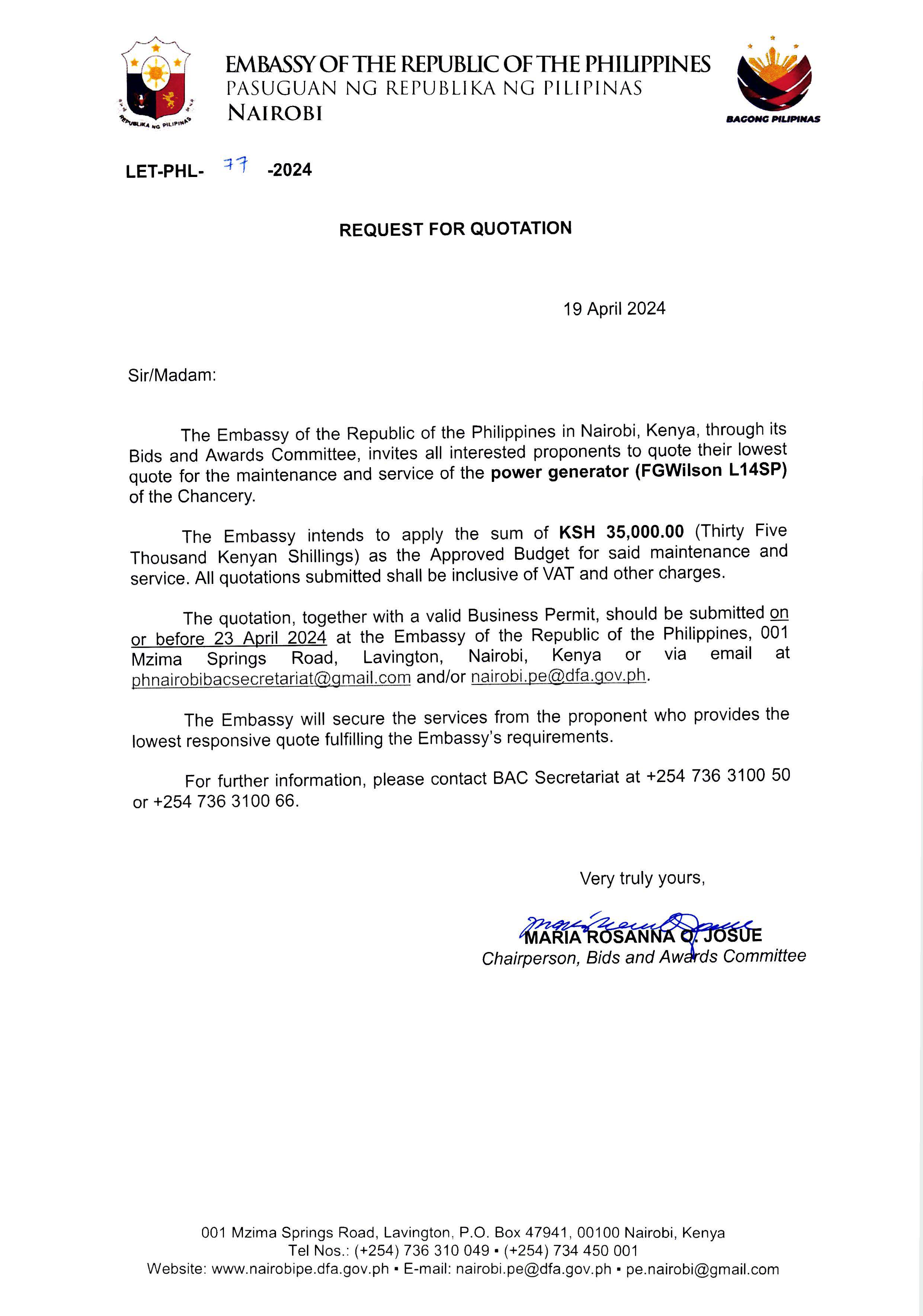LET PHL 77 2024 BAC Request for Quotation Maintenance and Service of Power Generator