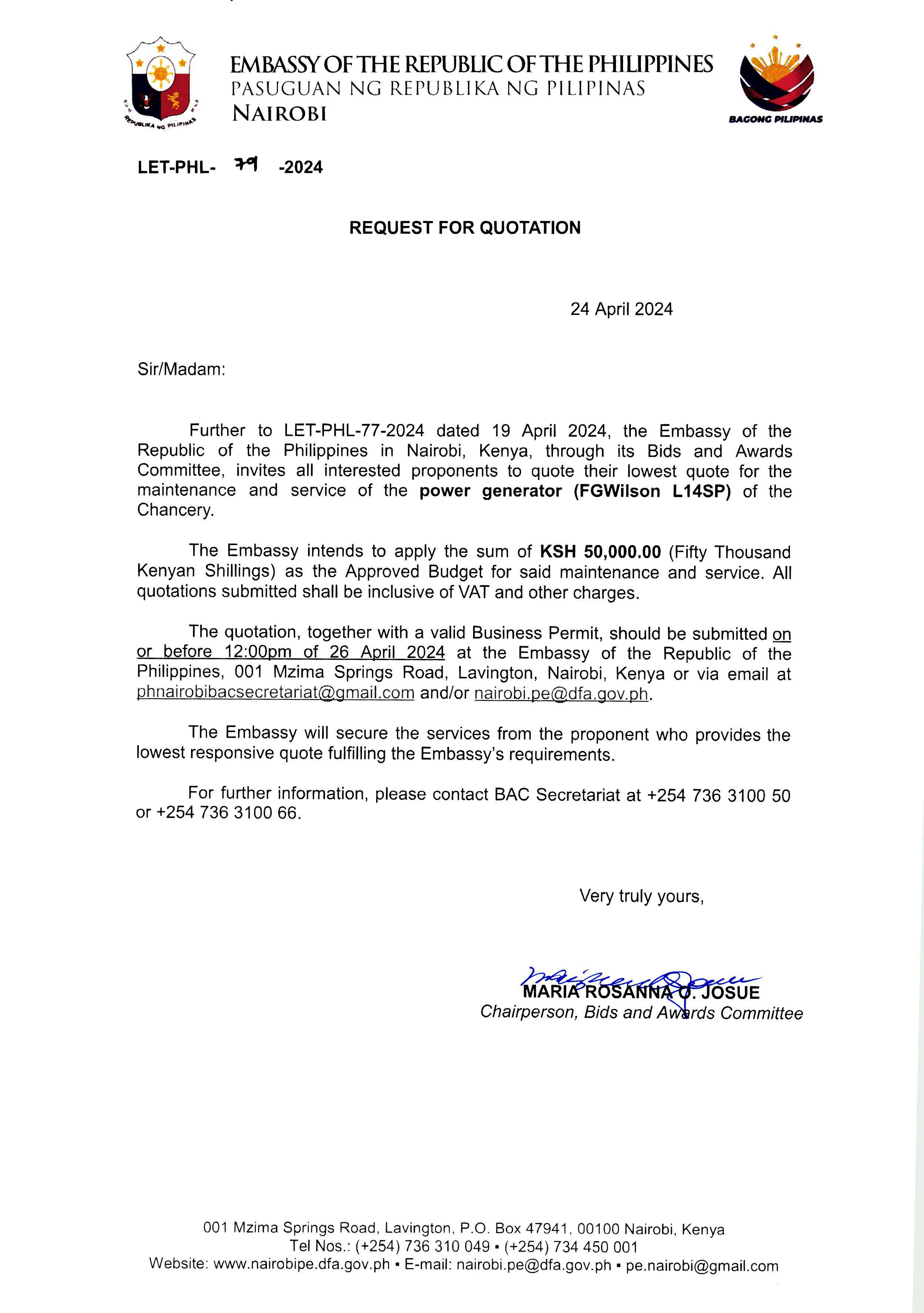 LET PHL 79 2024 BAC Request for Quotation Maintenance and service of the power generator