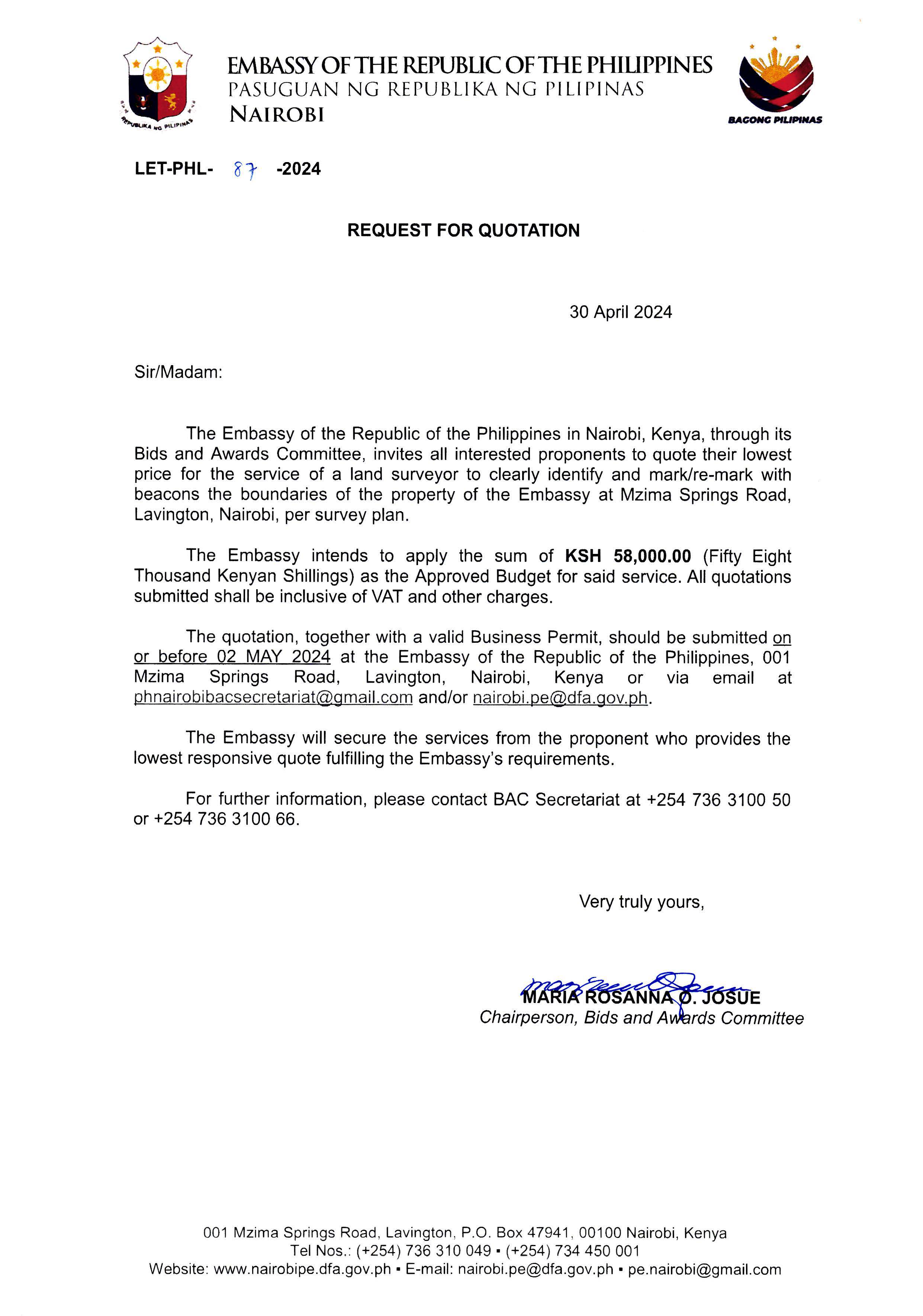 LET PHL 87 2024 BAC Request for Quotation Land Surveyor boundaries of the property of the Embassy