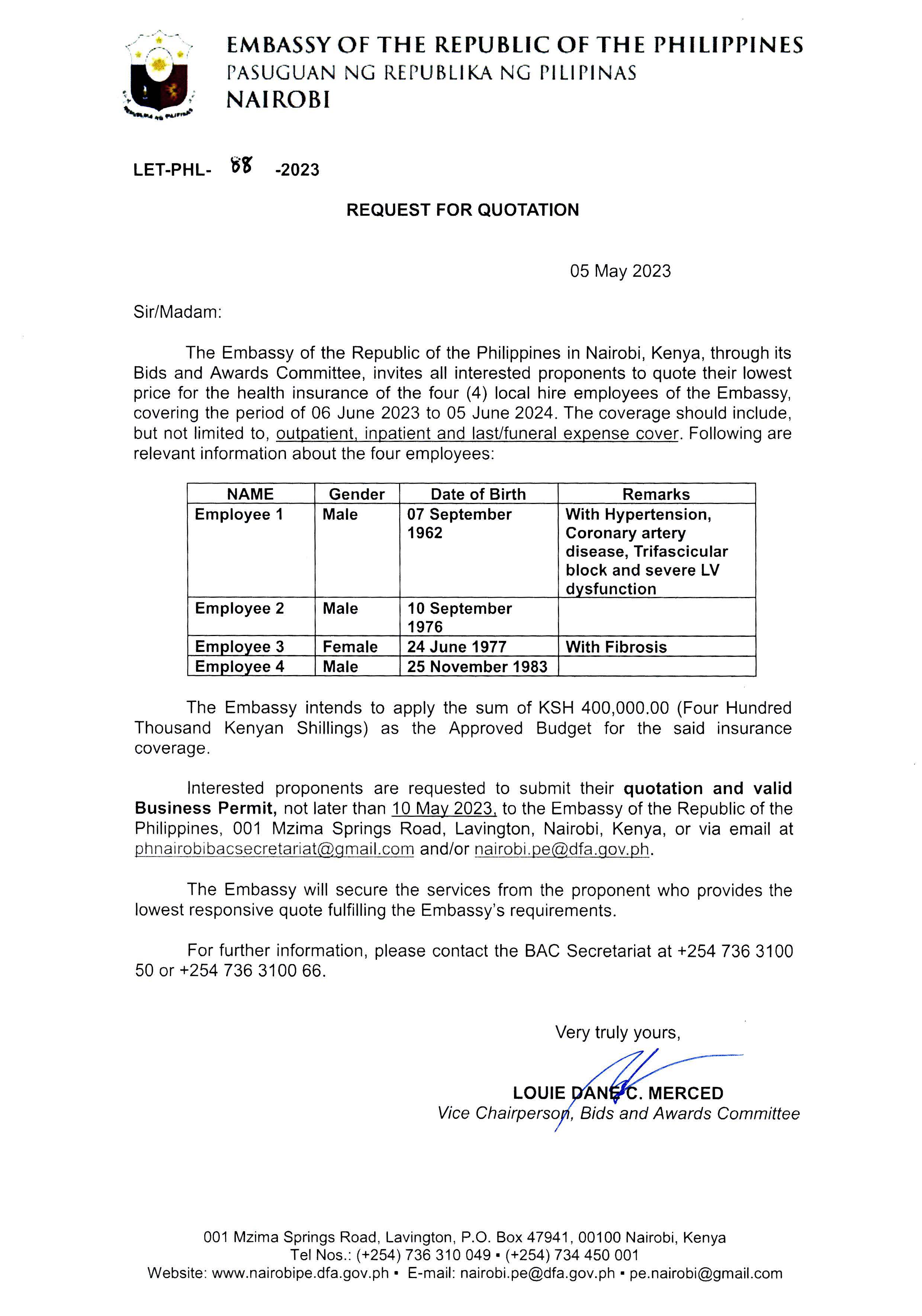 LET PHL 88 2023 BAC Request for Quotation Health Insurance of four 4 Local Hire Employees