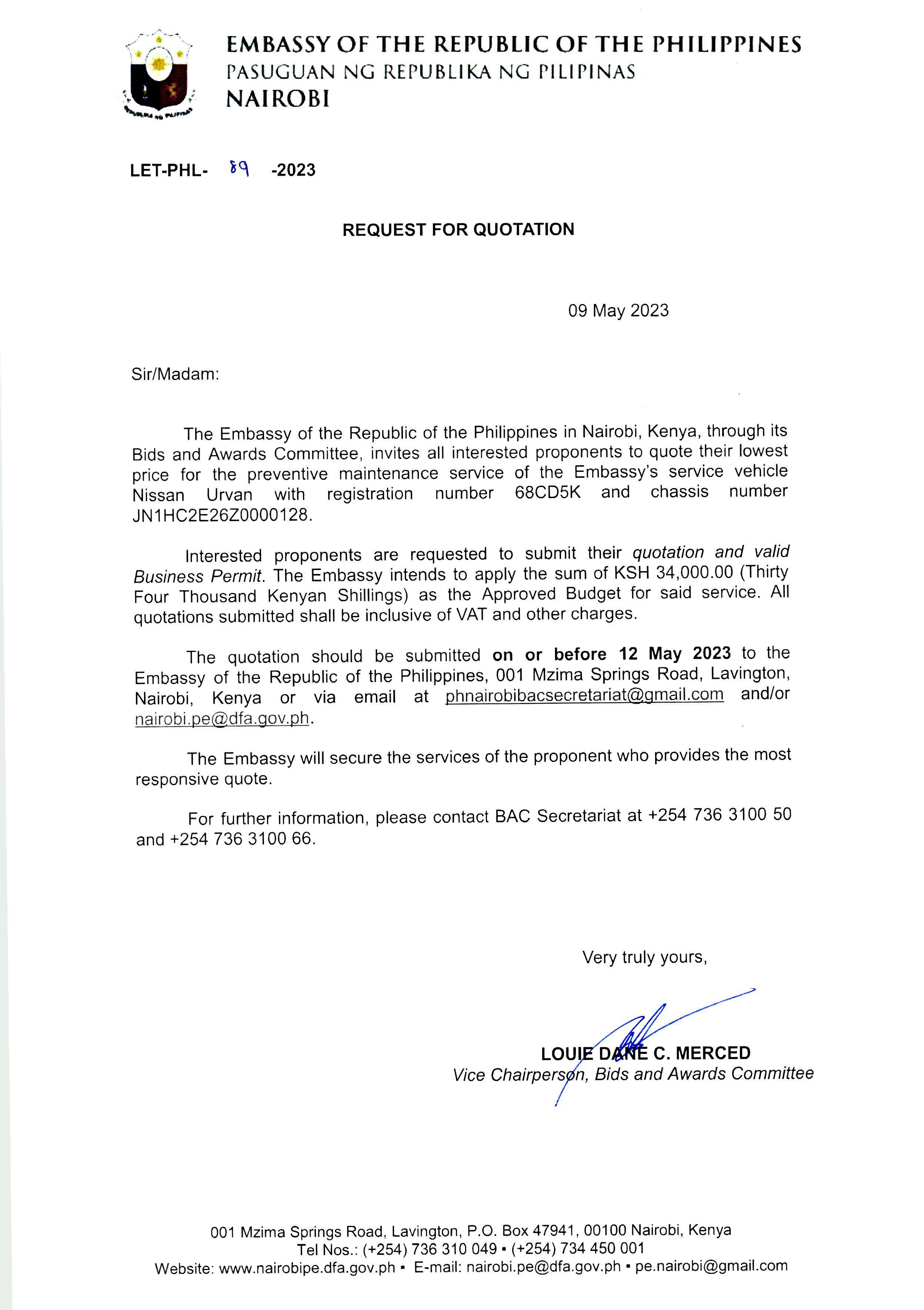 LET PHL 89 2023 BAC Request for Quotation Preventive Maintenance Service of Embassys Service Vehicle Nissan Urvan 68CD5K