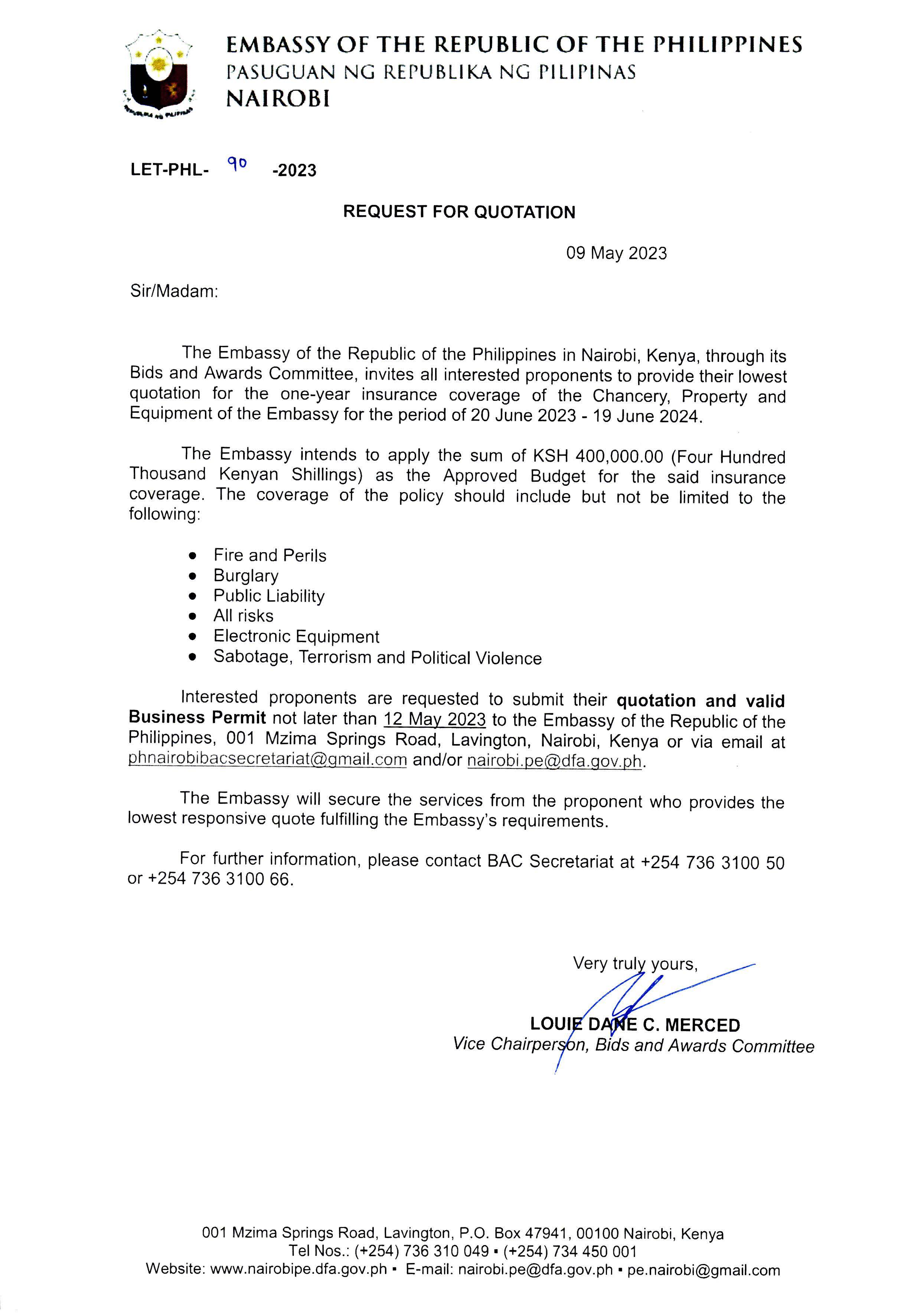 LET PHL 90 2023 BAC One year Insurance Coverage of the Chancery Property and Equipment of the Embassy 20 June 2023 19 June 2024
