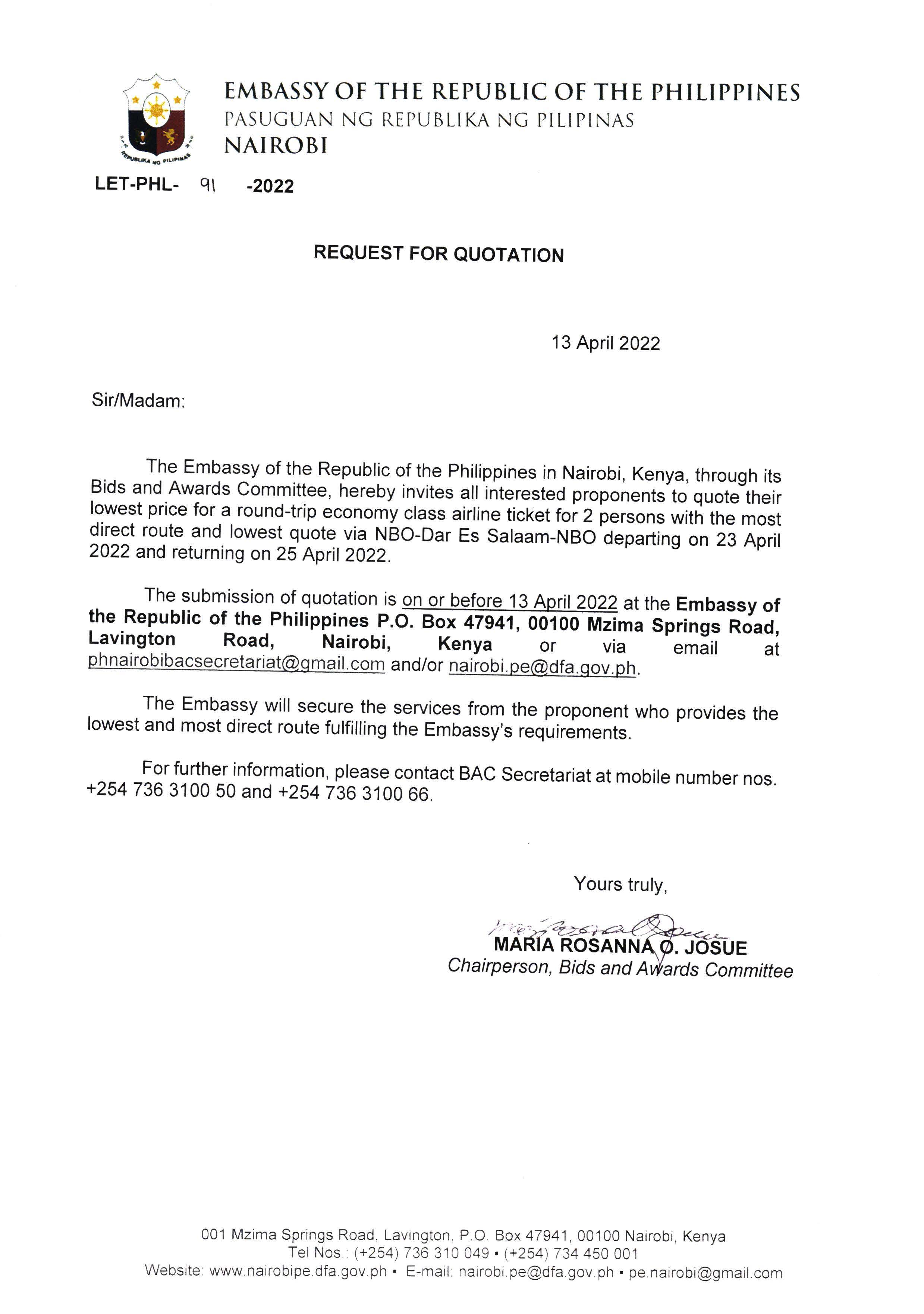 LET PHL 91 2022 BAC Request for Quotation Economy Class Ticket NBO Dar Es Salaam NBO