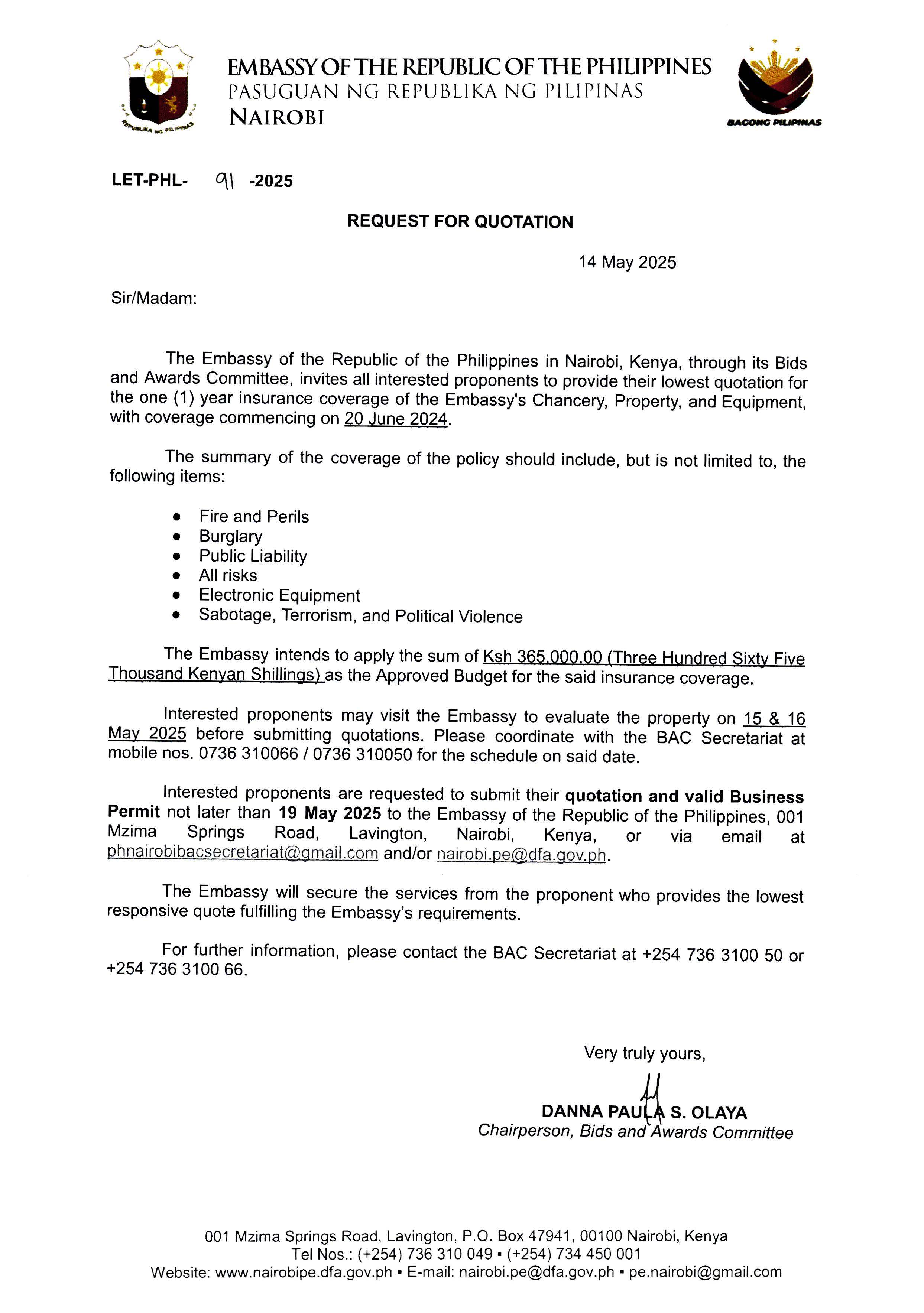 LET PHL 91 2025 BAC Request for Quotation One 1 year insurance coverage of the Embassys Chancery Property and Equipment